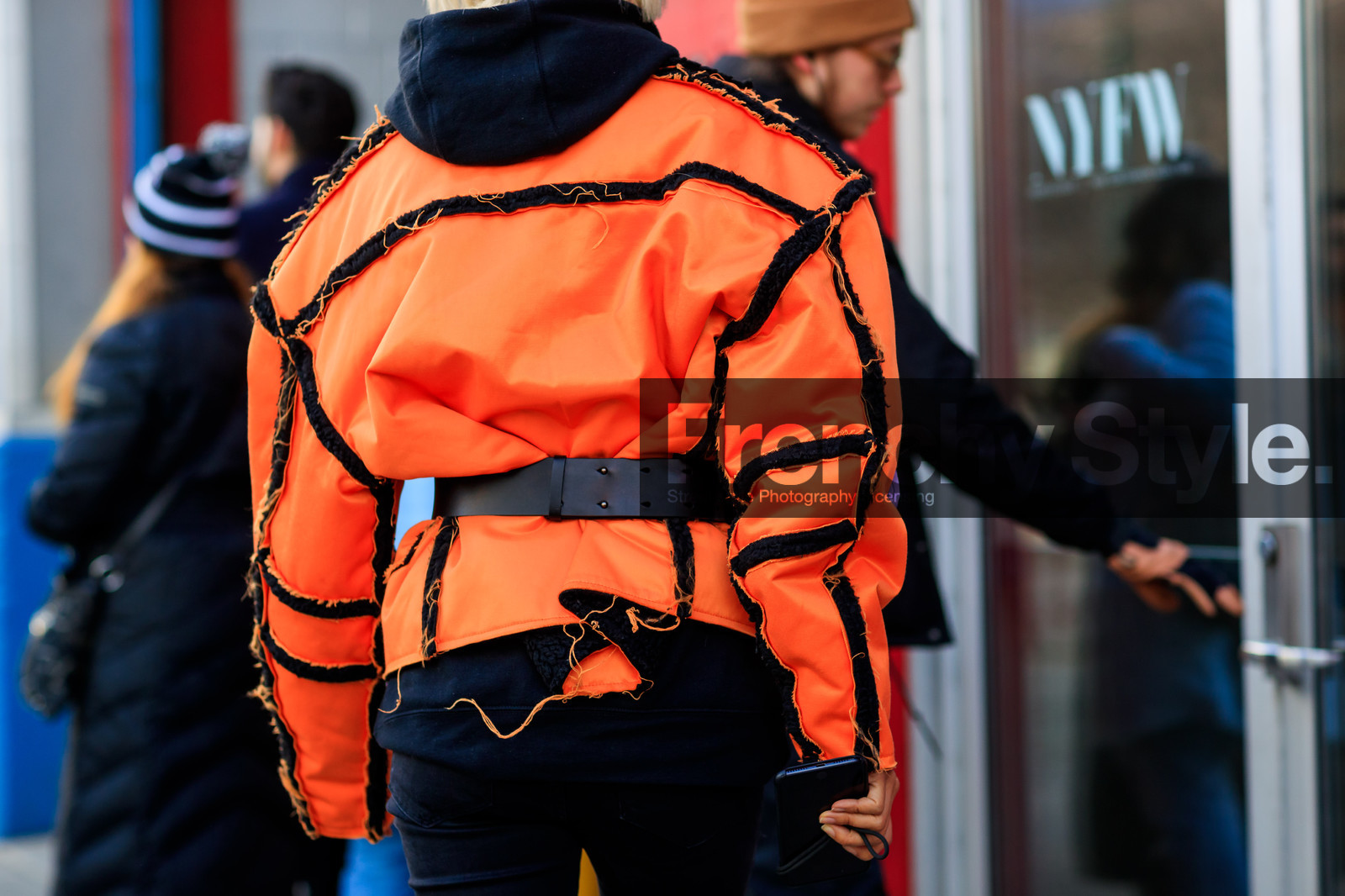 black belt, black pants, black sweater, hoodie, leather belt, orange jacket, trousers, street style, jonathan paciullo, FW, frenchystyle, fashion week, NYFW, NEW YORK, AUTUMN WINTER 2018-2019, AW 18-19, FALL WINTER 2018-2019, FW 18-19, atmosphere details, horizontal, detail, vanessa hong