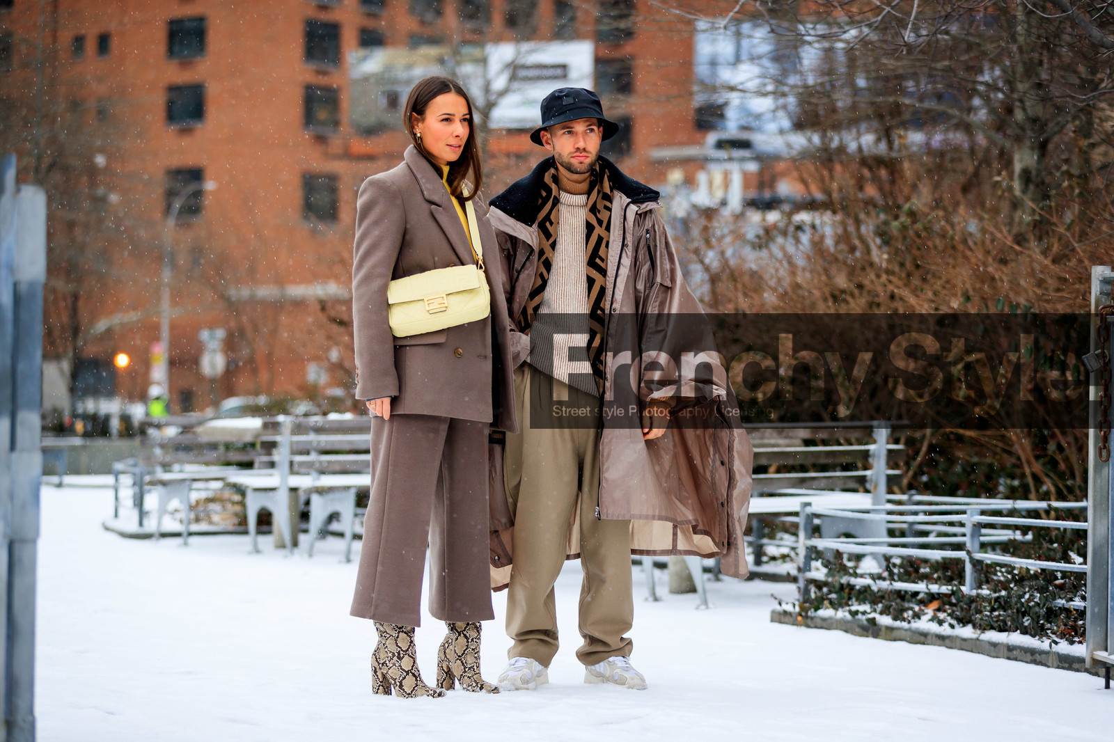 alice & j.s, animal print, beige boots, beige coat, beige pants, beige sweater, black hat, blazer, brown jacket, brown pan, brown pants, brown scarf, brown suit, bucket hat, fendi, high heels, leather shoes, monogram, printed scarf, snake print, trousers, white sneakers, yellow sweater, street style, jonathan paciullo, frenchystyle, NYFW, NEW YORK, AUTUMN WINTER 2019-2020, AW 19-20, FALL WINTER 2019-2020, FW 19-20, FW, fashion week, atmosphere details, horizontal, full length