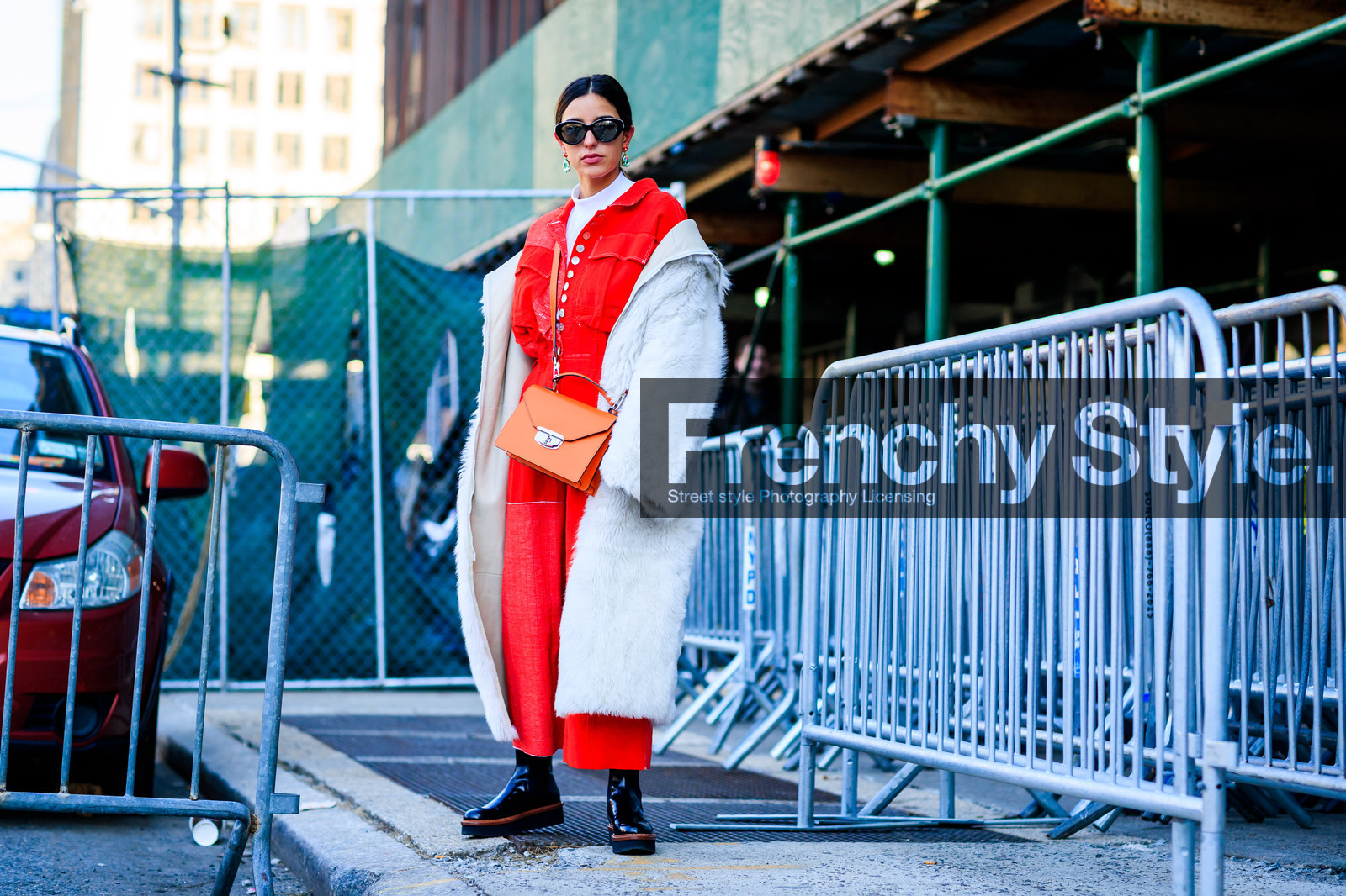 black shoes, earrings, Fur coat, leather bag, leather shoes, off the shoulder, orange bag, red jumpsuit, sunglasses, white coat, white fur, white sweater, street style, jonathan paciullo, FW, frenchystyle, fashion week, NYFW, NEW YORK, AUTUMN WINTER 2018-2019, AW 18-19, FALL WINTER 2018-2019, FW 18-19, atmosphere details, horizontal, full length, bettina looney