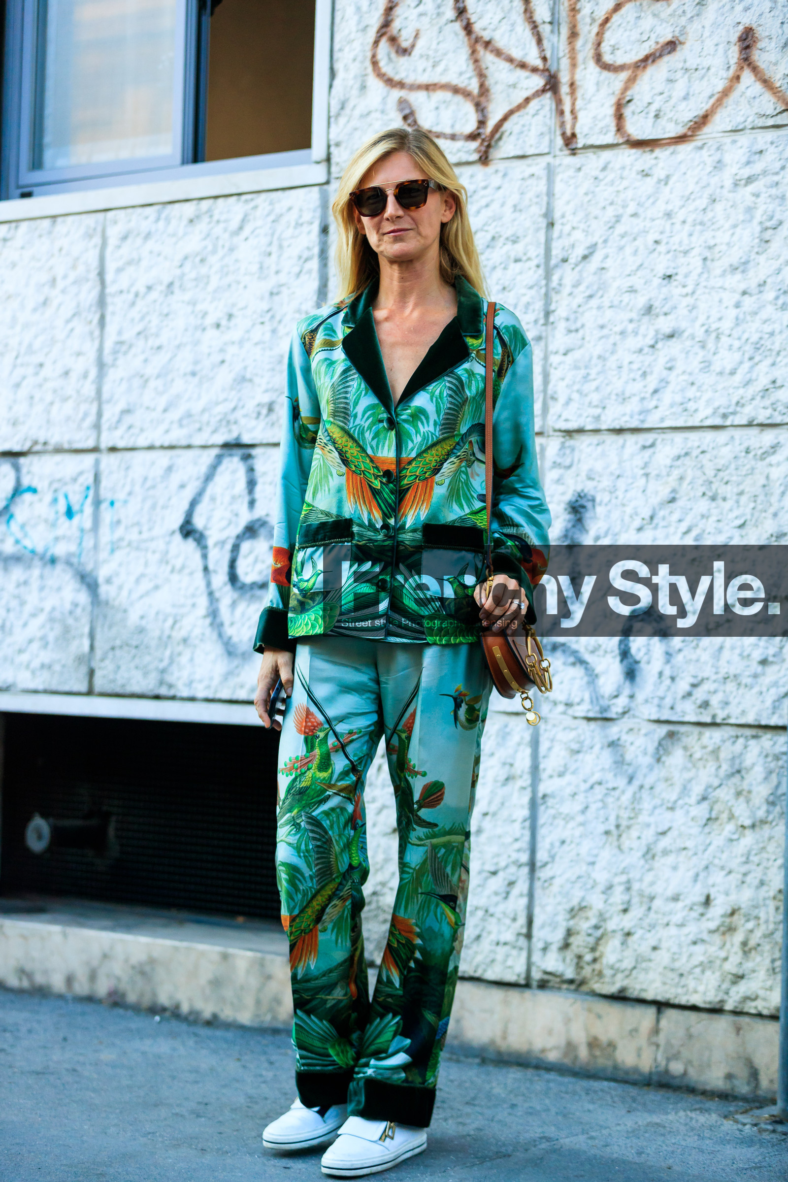 Elizabeth von Guttman, fashion week, floral, flowers, frenchystyle, full length, FW, graphic jacket, graphic pants, graphic shirt, jonathan paciullo, leather shoes, MFW, MILAN, printed jacket, printed pants, printed shirt, SPRING SUMMER 2018, SS 18, street style, sunglasses, trousers, vertical, white sneakers