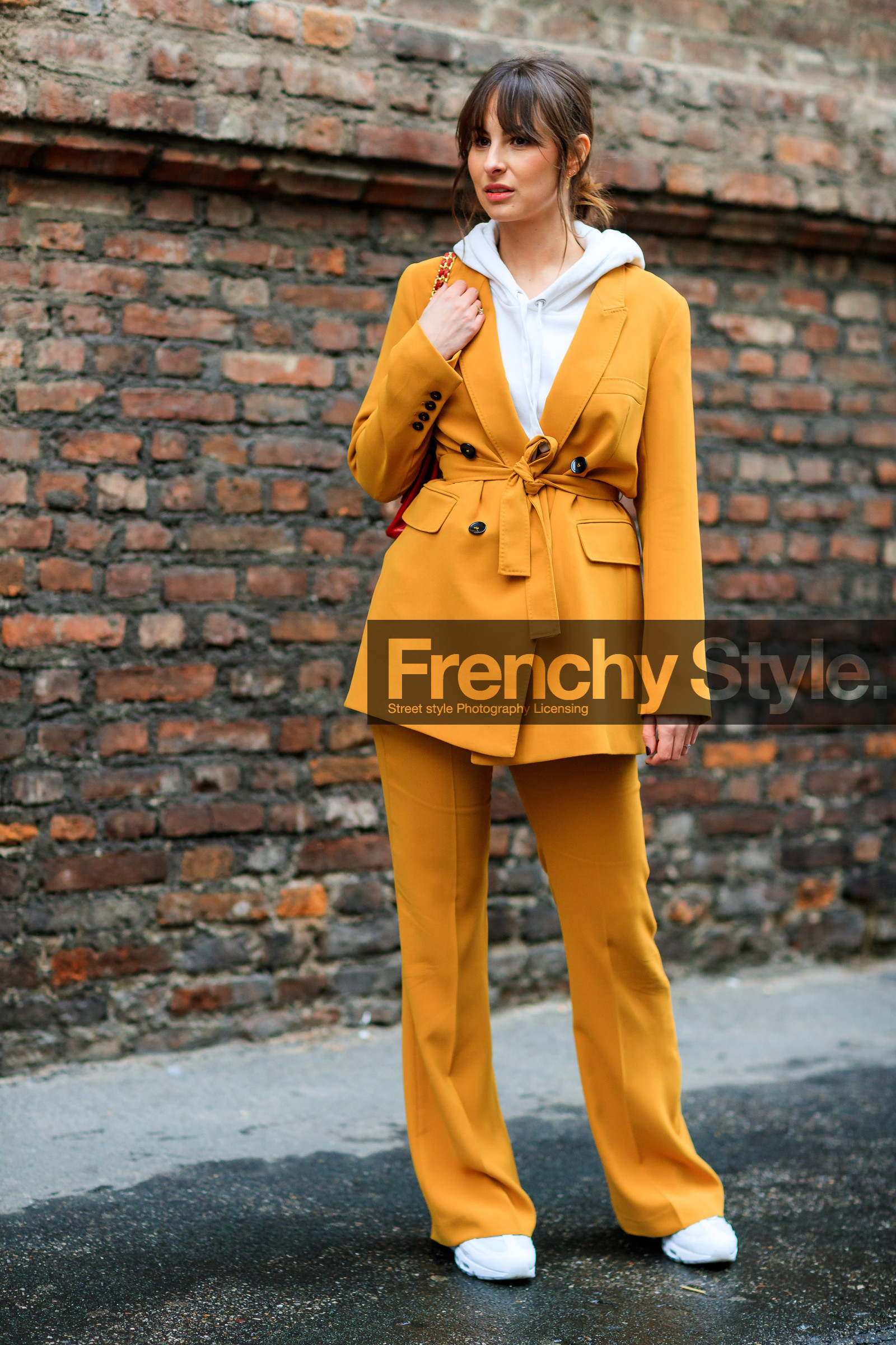 blazer, hoodie, leather shoes, trousers, white sneakers, white sweater, yellow jacket, yellow pants, yellow suit, fashion week, frenchystyle, FW, jonathan paciullo, street style, MFW, MILAN, AUTUMN WINTER 2018-2019, FALL WINTER 2018-2019, FW 18-19, vertical, full length