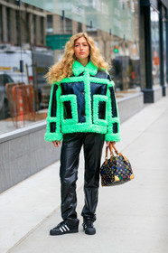 emili sindlev, fur coat, black leather coat, black leather pants, black leather bag, black sneackers, vinyl coat, neon green coat, adidas sneakers, superstar sneakers, louis vuitton bag, week end bag, multicolor bag, monogrammed bag, bowling bag, fashion week, frenchystyle, FW, jonathan paciullo, street style, FALL WINTER 2020-2021, AUTUMN WINTER 2020-2021, FW 20-21, vertical, full length, NYFW, NEW YORK
