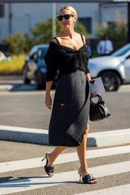 bag, black bag, black cardigan, black knit, black mules, black sandals, black sunglasses, bottega veneta shoes, grey skirt, leather bag, leather sandals, Lisa Aiken, mules, prada skirt, quilted sandals, skirt, split skirt, sunglasses, wool cardigan, wool skirt, fashion week, frenchystyle, FW, jonathan paciullo, street style, SPRING SUMMER 2022, SS 22, MFW, MILAN, vertical, full length