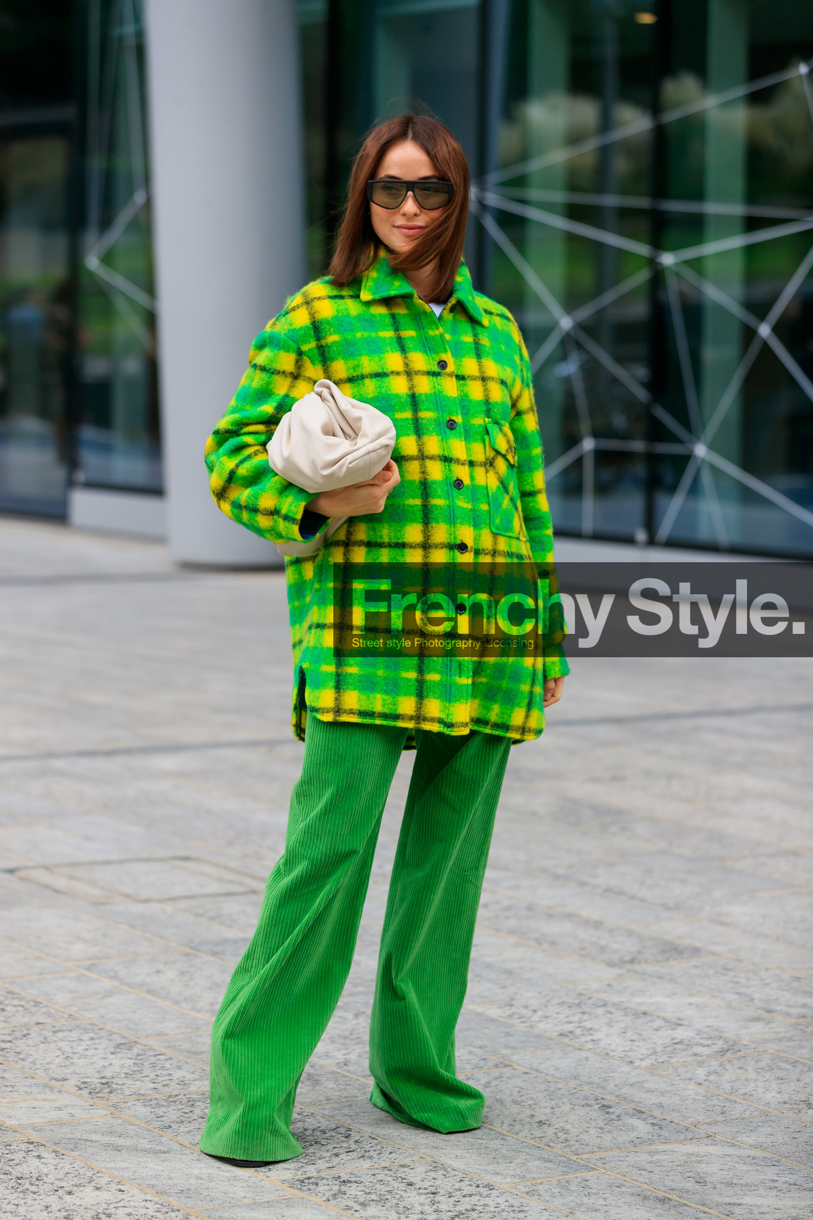 lena lademann, green total look, green pants, green jacket, checked jacket, checked shirt, yellow shirt, corduroy pants, futurist shape sunglasses, bottega veneta bag, white leather clutch, fashion week, frenchystyle, FW, jonathan paciullo, street style, vertical, full length, MFW, MILAN, SPRING SUMMER 2020, SS 20