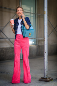 blue bag, blue denim, corduroy, denim jacket, fashion week, frenchystyle, full length, FW, high waist, jonathan paciullo, leather bag, NEW YORK, NYFW, pink, pink pants, SPRING SUMMER 2018, SS 18, street style, trousers, turquoise, vertical, white t shirt