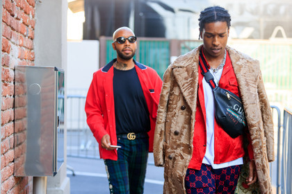 asap rocky, atmosphere details, black bag, blue pants, brown fur, detail, fanny pack, fashion week, frenchystyle, fur jacket, FW, graphic bag, graphic pants, gucci, horizontal, jonathan paciullo, leather bag, MFW, MILAN, printed bag, printed pants, red jacket, SPRING SUMMER 2018, SS 18, street style, trousers, white t shirt
