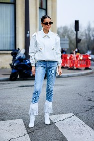 white jacket, light jeans, golden earrings, flared pants, ruffle jeans, white boots, heeled boots, cowboy style, bomber jacket, fashion week, frenchystyle, FW, jonathan paciullo, street style, PARIS, PFW, SPRING SUMMER 2022, SS 22, full length, vertical