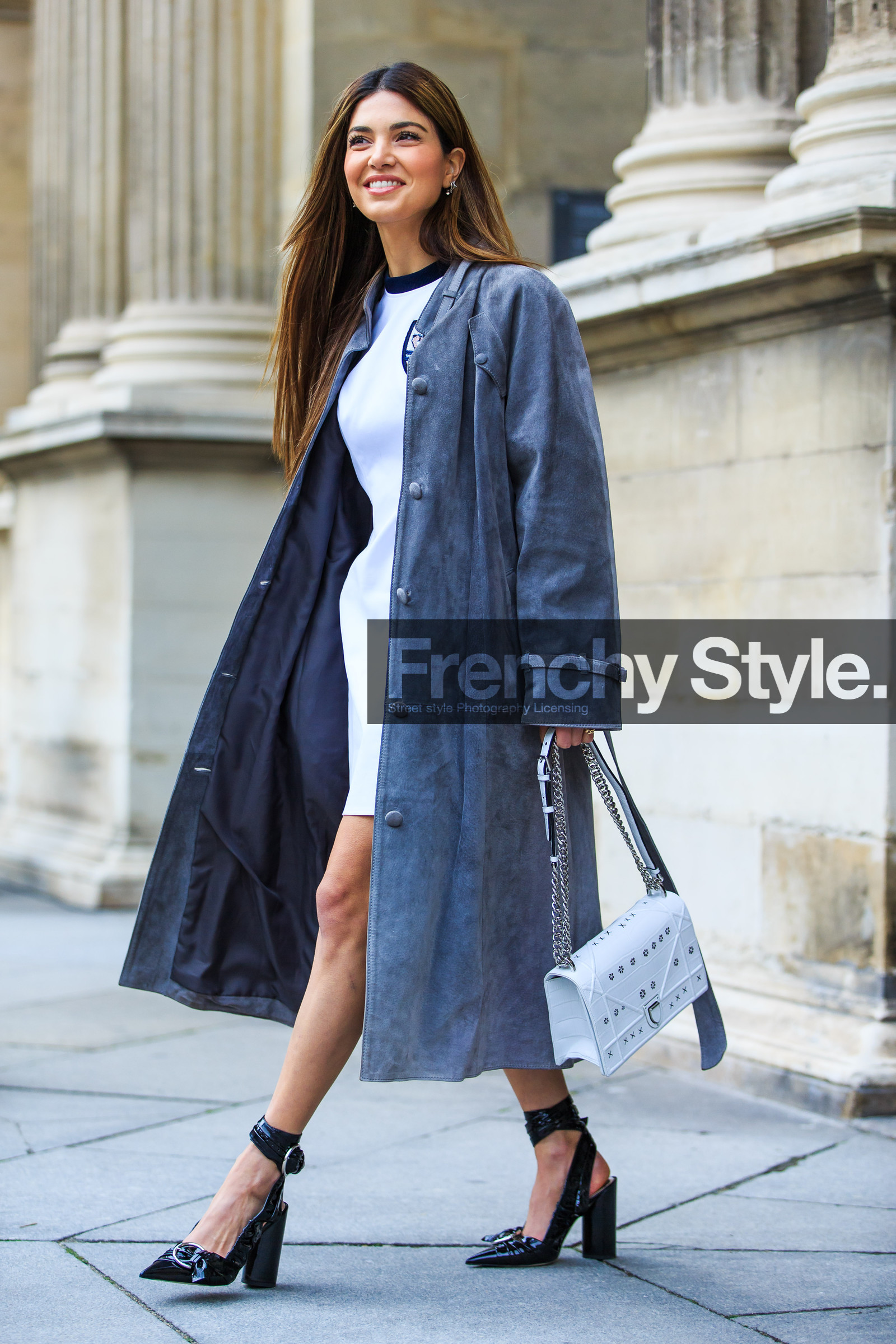 AUTUMN WINTER 2016-2017, AW 16-17, black shoes, christian dior, FALL WINTER 2016-2017, fashion week, frenchystyle, full length, FW, FW 16-17, grey coat, high heels, jonathan paciullo, leather bag, leather coat, leather shoes, long hair, negin mirsalehi, PARIS, PFW, printed bag, street style, suede coat, varnished leather shoes, vertical, white bag, white dress