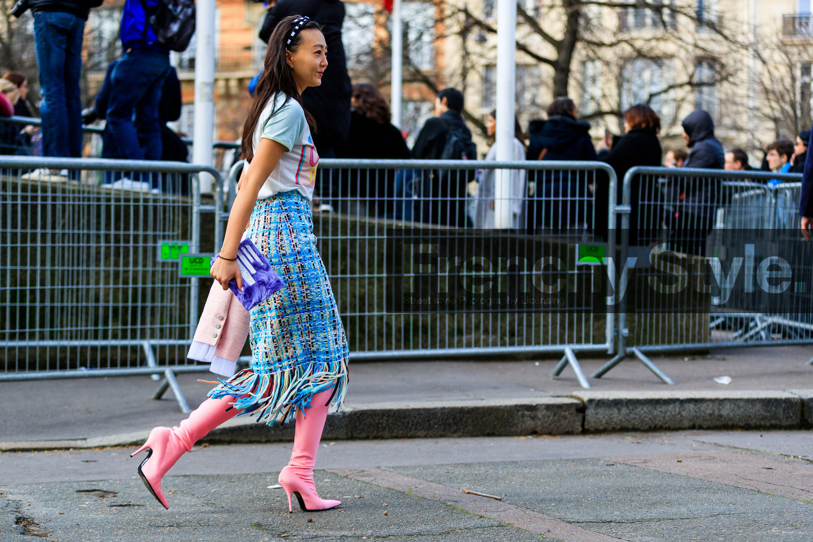 atmosphere details, AUTUMN WINTER 2017-2018, AW 17-18, blue skirt, chanel, choker, FALL WINTER 2017-2018, fashion week, frenchystyle, full length, FW, FW 17-18, gingham, headband, high boots, high heels, horizontal, jonathan paciullo, leather shoes, necklace, PARIS, pearls, PFW, pink boots, pink coat, plaid, printed t shirt, street style, tartan, tweed skirt, white t shirt