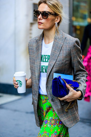 atmosphere details, blazer, blue bag, brown jacket, checked jacket, detail, earrings, fashion week, floral, flowers, frenchystyle, FW, green skirt, gucci, jonathan paciullo, leather bag, NEW YORK, NYFW, plaid, pleated skirt, printed skirt, SPRING SUMMER 2018, SS 18, street style, sunglasses, trousers, velvet, vertical, white t shirt
