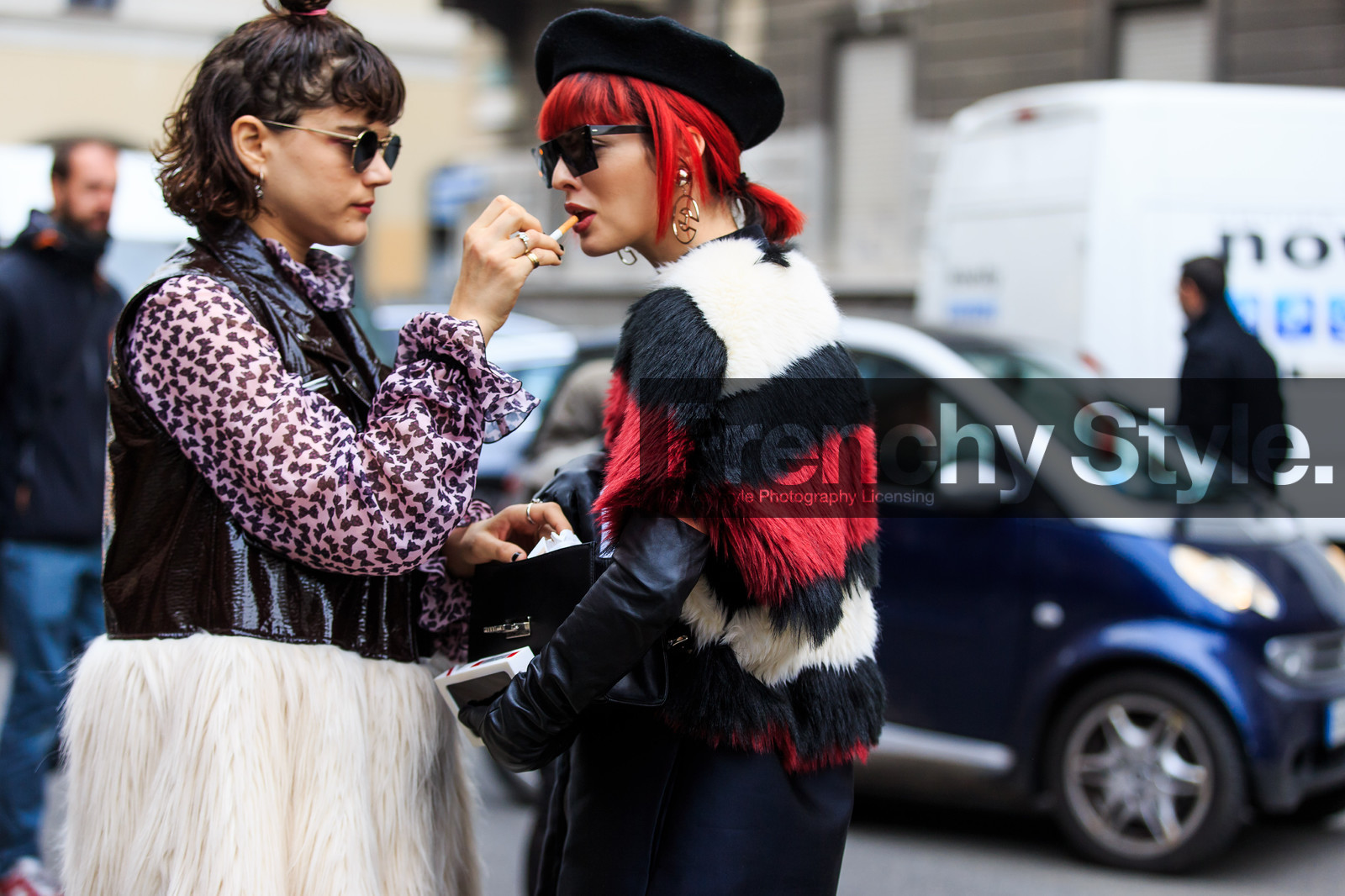 atmosphere details, AUTUMN WINTER 2016-2017, AW 16-17, beret, black fur, black gloves, black hat, black jacket, detail, dyed hair, earrings, FALL WINTER 2016-2017, fashion week, frenchystyle, fun sunglasses, fur coat, fur jacket, FW, FW 16-17, geometric, graphic coat, graphic jacket, half bun, horizontal, jonathan paciullo, leather gloves, leather jacket, LFW, LONDON, MENSWEAR, pink shirt, printed shirt, red fur, red hair, sleeveless, street style, striped coat, striped jacket, stripes, sunglasses, varnished leather, white fur