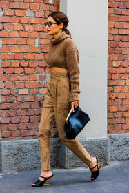 bag, black bag, black sandals, brown monochrome, brown pants, fendi bag, Gala Gonzalez, knit, sandals, suede pants, sunglasses, fendi sandals, statement shoes, brown knit, crop knit, fashion week, frenchystyle, FW, jonathan paciullo, street style, MFW, MILAN, SPRING SUMMER 2022, SS 22, vertical, full length