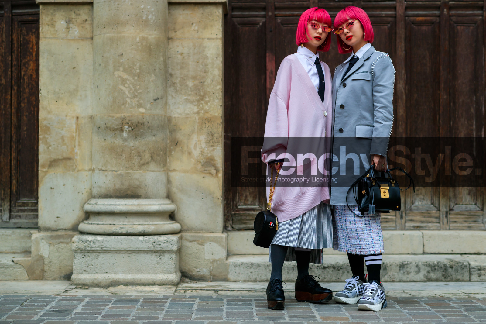 Ami and Aya Suzuki, black bag, black shoes, black socks, black tie, dyed hair, grey jacket, grey skirt, grey sneakers, leather bag, leather shoes, pink cardigan, pink hair, pleated skirt, red lips, sunglasses, thom browne, tweed skirt, white shirt, PARIS, PFW, street style, jonathan paciullo, FW, frenchystyle, fashion week, AUTUMN WINTER 2019-2020, AW 19-20, FALL WINTER 2019-2020, FW 19-20, horizontal, atmosphere details, full length