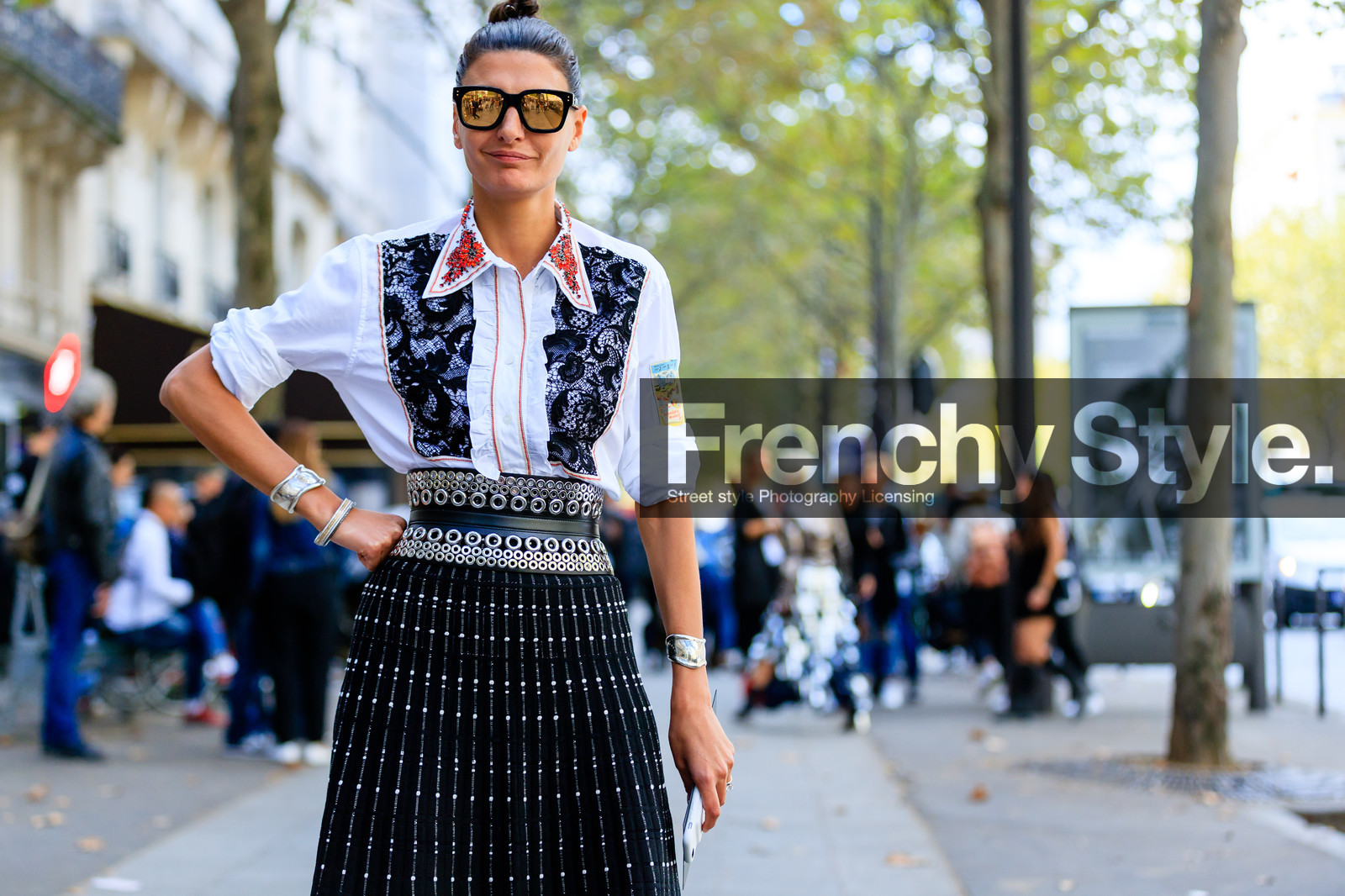 atmosphere details, black belt, black skirt, detail, embroidered shirt, embroidered skirt, fashion week, frenchystyle, FW, giovanna battaglia, horizontal, jonathan paciullo, PARIS, PFW, pleated skirt, printed shirt, SPRING SUMMER 2017, SS 17, street style, studs, sunglasses, white shirt