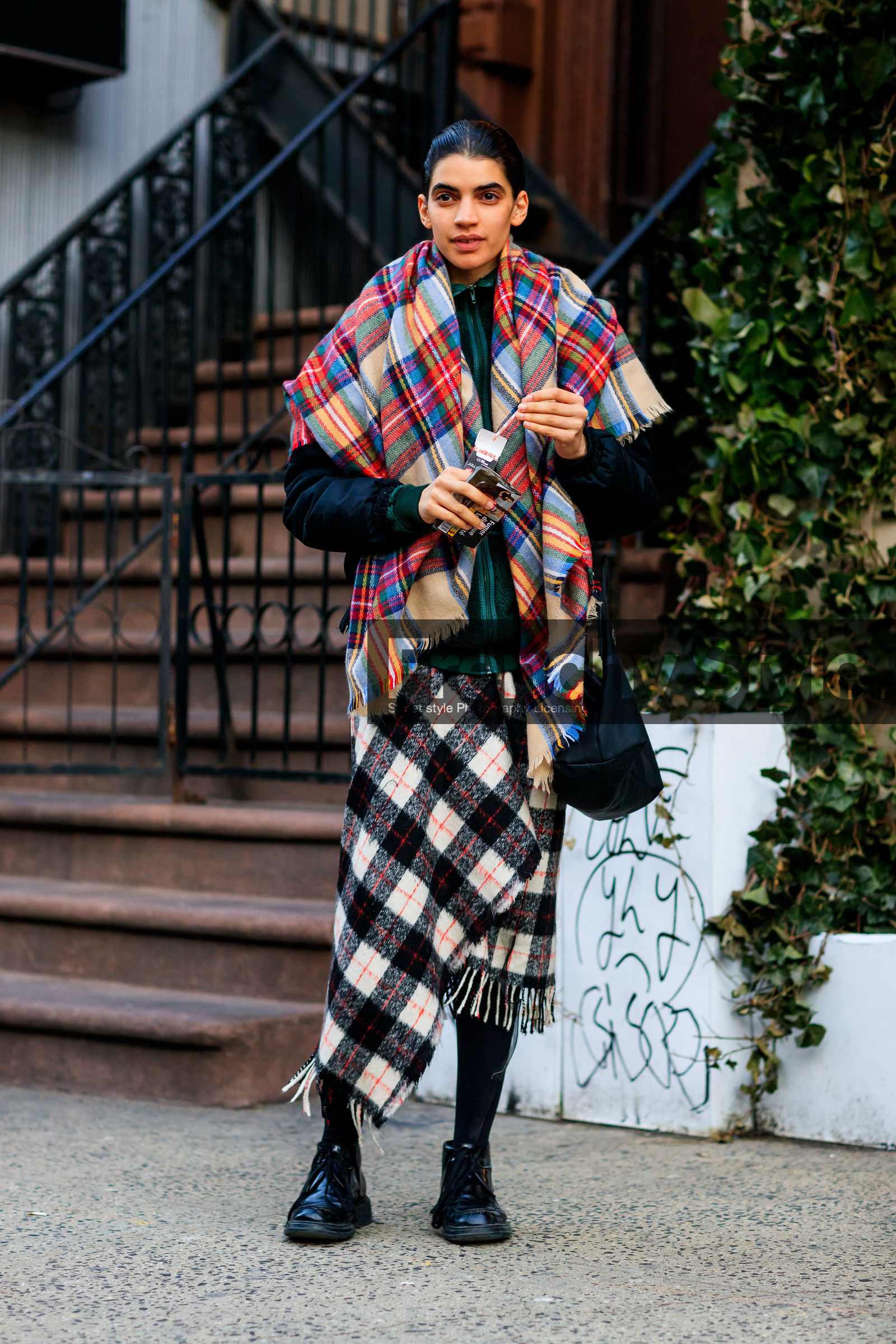 black and white, black bag, black shoes, checked, graphic skirt, leather bag, leather shoes, plaid, printed skirt, red scarf, tartan, street style, jonathan paciullo, FW, frenchystyle, fashion week, NYFW, NEW YORK, AUTUMN WINTER 2018-2019, AW 18-19, FALL WINTER 2018-2019, FW 18-19, vertical, full length, model