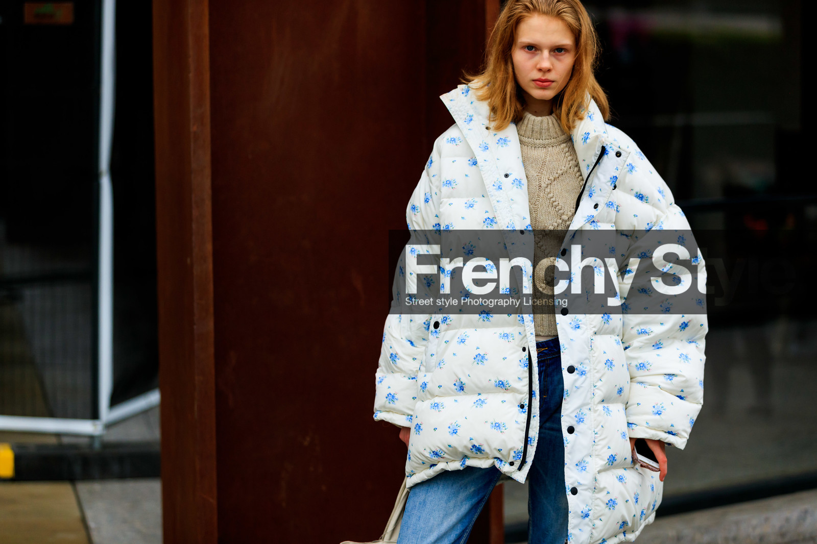 beige knit, blue denim, denim pants, down jacket, floral, flowers, graphic jacket, jeans, model, printed jacket, trousers, white jacket, street style, jonathan paciullo, FW, frenchystyle, fashion week, LFW, LONDON, AUTUMN WINTER 2019-2020, AW 19-20, FW 19-20, FALL WINTER 2019-2020, horizontal, atmosphere details, detail