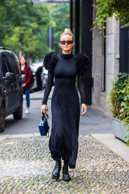 bag, black boots, black sunglasses, blue bag, boots, dress, leather boots, long dress, oversize sleeves, ruffles, ruffles sleeves, sunglasses, turtleneck dress, fashion week, frenchystyle, FW, jonathan paciullo, street style, SPRING SUMMER 2022, SS 22, MFW, MILAN, vertical, full length
