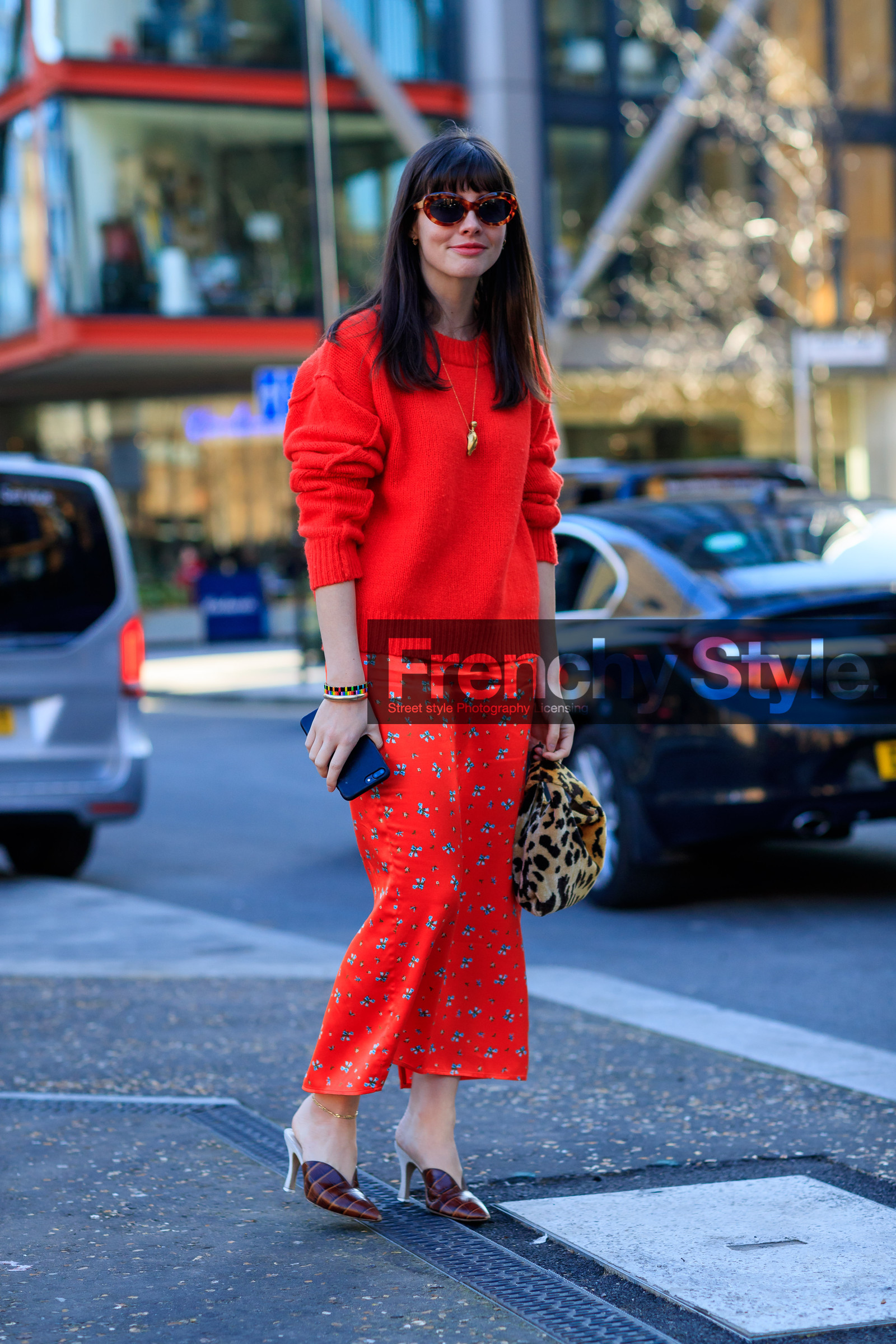 animal print, brown shoes, fur bag, graphic skirt, high heels, leather bag, leather shoes, leopard print, printed skirt, red skirt, red sweater, street style, jonathan paciullo, FW, frenchystyle, fashion week, LFW, LONDON, AUTUMN WINTER 2018-2019, AW 18-19, FALL WINTER 2018-2019, FW 18-19, vertical, full length, Kat Collings