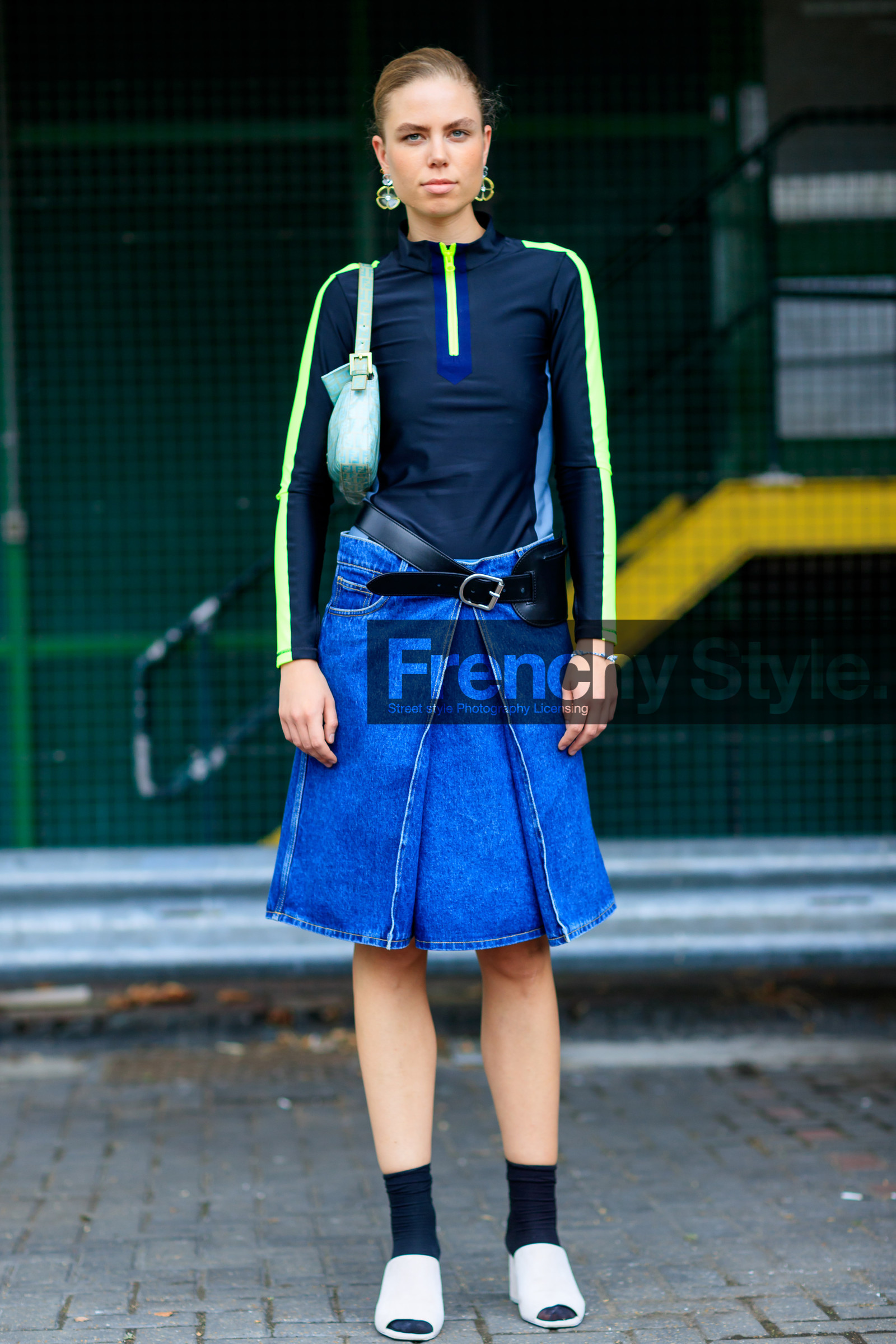 black belt, black socks, blue denim, denim skirt, fashion week, frenchystyle, full length, FW, green bag, jonathan paciullo, leather bag, leather belt, leather shoes, LFW, LONDON, mint, navy sweater, SPRING SUMMER 2017, SS 17, street style, turquoise, vertical, white shoes, woman