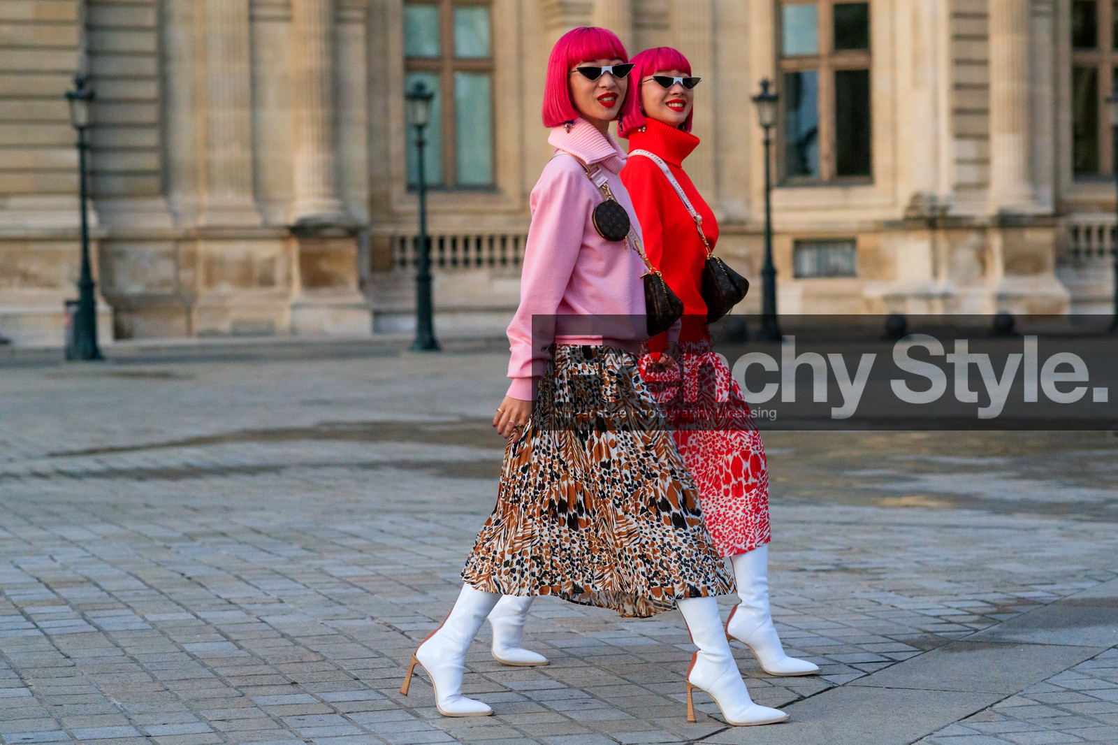 Ami and Aya Suzuki, pink hair, pink pullover, light pink pullover, white leather boots, high boots, high heels boots, pleated skirt, leopard printed skirt, mid long skirt, red pullover, turtleneck pullover, crossbody bag, brown leather bag, beige leather bag, monogrammed bag, round shape bag, logo strap bag, futurist shape sunglasses, white sunglasses, geometric shape glasses, PARIS, PFW, SPRING SUMMER 2020, SS 20, fashion week, frenchystyle, FW, jonathan paciullo, street style, horizontal, atmosphere details, full length