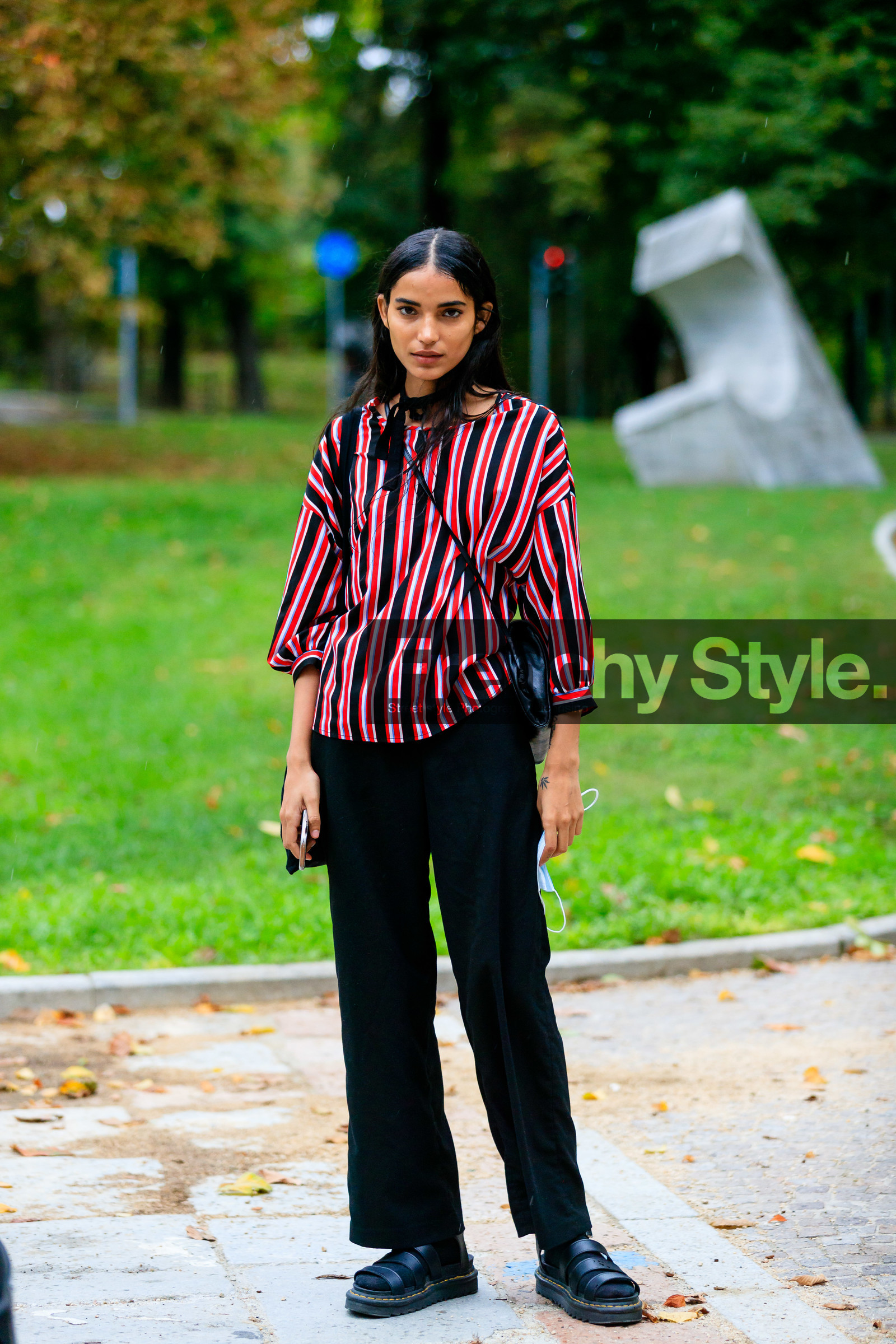red blouse, striped blouse, black blouse, black pants, black socks, black leather sandals, flat sandals, big sole sandals, street style, jonathan paciullo, FW, frenchystyle, fashion week, MFW, MILAN, SPRING SUMMER 2021, SS 21, vertical, full length, model