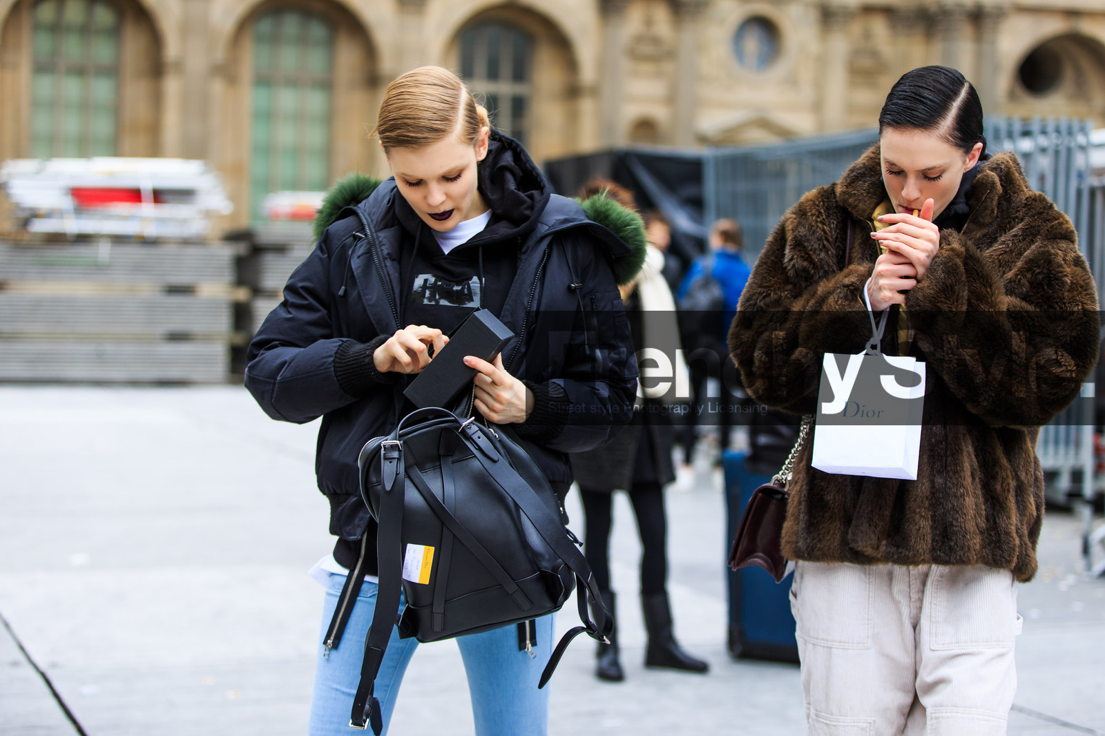 atmosphere details, AUTUMN WINTER 2016-2017, AW 16-17, beige pants, black bag, black jacket, black sweater, blue denim, brown fur, brown jacket, christian dior, dark lips, denim pants, detail, down jacket, FALL WINTER 2016-2017, fashion week, frenchystyle, fur collar, fur jacket, FW, FW 16-17, hoodie, horizontal, jeans, jonathan paciullo, leather backpack, model, PARIS, PFW, pulled back hair, sarah brannon, street style, trousers