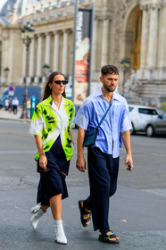 alice & j.s, alice barbier, JS roques, neon yellow shirt, tie and dye shirt, prada shirt, short sleeves shirt, white shirt, armani sunglasses, futurist shape sunglasses, black skirt, openwork skirt, white leather boots, low boots, light blue shirt, striped shirt, pleated pants, navy blue pants, crossbody bag, green leather bag, valentino shoes, sports sandals, sportswear, flat sandals, mid long skirt, PARIS, PFW, SPRING SUMMER 2020, SS 20, fashion week, frenchystyle, FW, jonathan paciullo, street style, vertical, full length