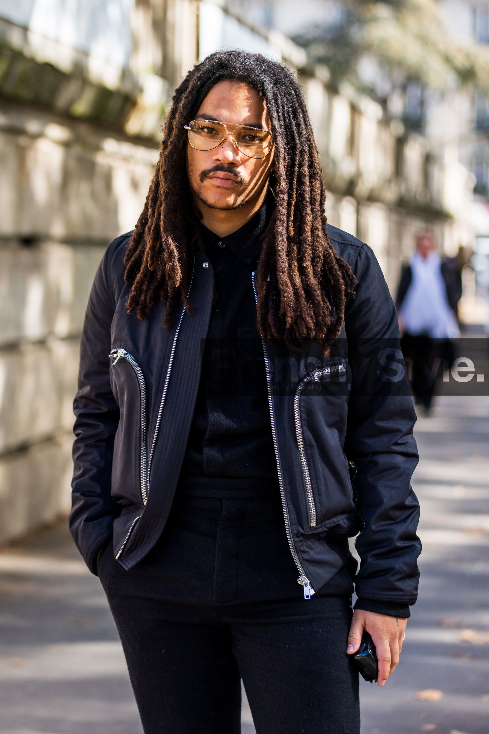 aviator glasses, black jacket, black pants, black shirt, jacket, Luka Sabbat, menswear, pants, shirt, street style, jonathan paciullo, FW, frenchystyle, fashion week, PFW, PARIS, SPRING SUMMER 2022, SS 22, vertical, atmosphere details