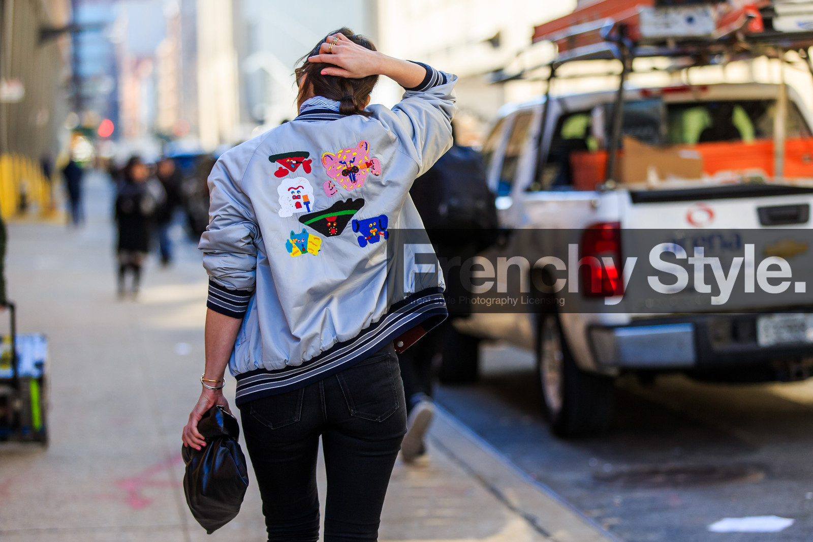atmosphere details, AUTUMN WINTER 2016-2017, AW 16-17, black bag, black denim, cartoon, céline, denim pants, detail, drawings, embroidered jacket, fashion week, frenchystyle, FW, FW 16-17, grey jacket, horizontal, irina lakicevic, jeans, jonathan paciullo, leather bag, NEW YORK, NYFW, silver jacket, street style, teddy jacket, trousers, woman