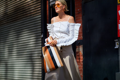 atmosphere details, beige skirt, brown bag, cold shoulder, detail, fashion week, frenchystyle, FW, graphic bag, horizontal, jonathan paciullo, leather bag, NEW YORK, NYFW, printed bag, ruffles, sofie valkiers, SPRING SUMMER 2018, SS 18, street style, striped bag, sunglasses, white shirt