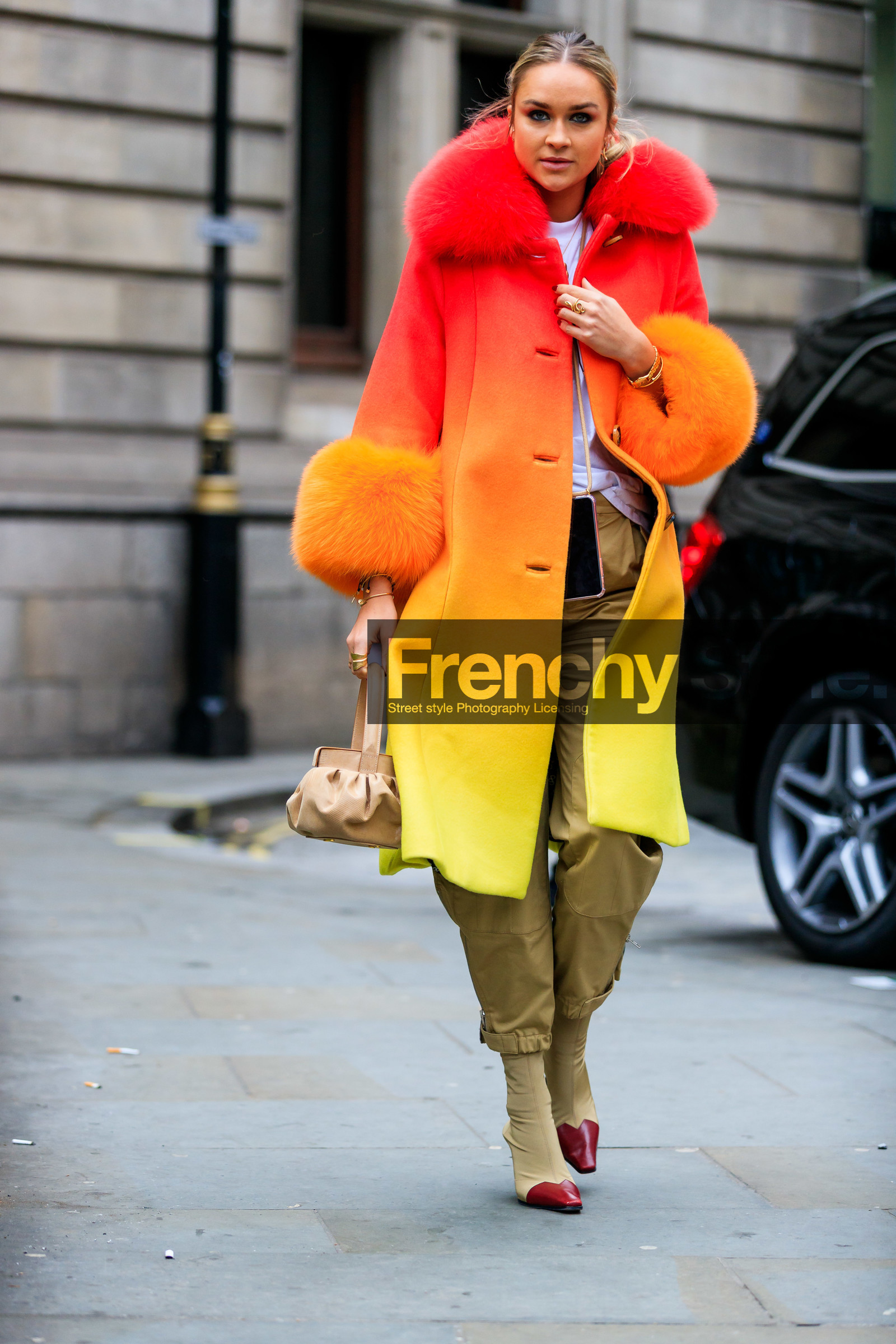 beige bag, beige boots, beige pants, céline, fur collar, high heels, leather bag, leather shoes, nina suess, orange, orange fur, red, red coat, red fur, tie & die, trousers, yellow, yellow coat, LONDON, LFW, fashion week, frenchystyle, FW, jonathan paciullo, street style, AUTUMN WINTER 2019-2020, AW 19-20, FW 19-20, FALL WINTER 2019-2020, vertical, full length