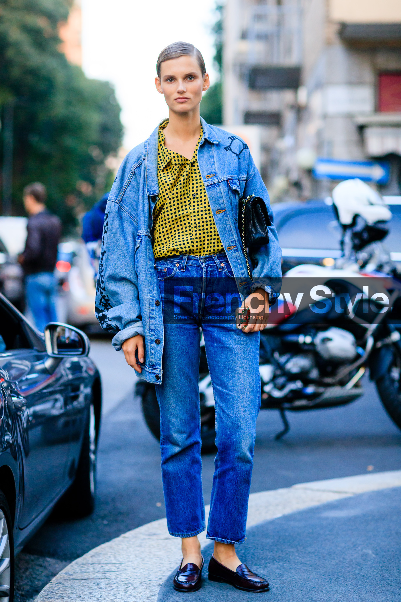 black bag, black loafers, blue denim, denim jacket, denim pants, fashion week, frenchystyle, full length, FW, jeans, jonathan paciullo, leather bag, leather shoes, MFW, MILAN, model, polka dot, printed shirt, SPRING SUMMER 2017, SS 17, street style, trousers, vertical, yellow shirt
