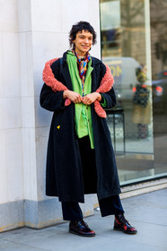 black coat, black pants, black shoes, fur scarf, green jacket, leather shoes, pink scarf, printed scarf, trousers, fashion week, frenchystyle, FW, jonathan paciullo, street style, LFW, LONDON, AUTUMN WINTER 2018-2019, AW 18-19, FALL WINTER 2018-2019, FW 18-19, vertical, full length, model