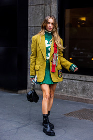 badge, bag, Beatrice Vendramin, black bag, black boots, blazer, boots, college look, color, green knit, green skirt, green turtleneck, knit, leather bag, leather boots, mini skirt, pleated skirt, printed knit, turtleneck, wool blazer, yellow blazer, fashion week, frenchystyle, FW, jonathan paciullo, street style, SPRING SUMMER 2022, SS 22, MFW, MILAN, vertical, full length