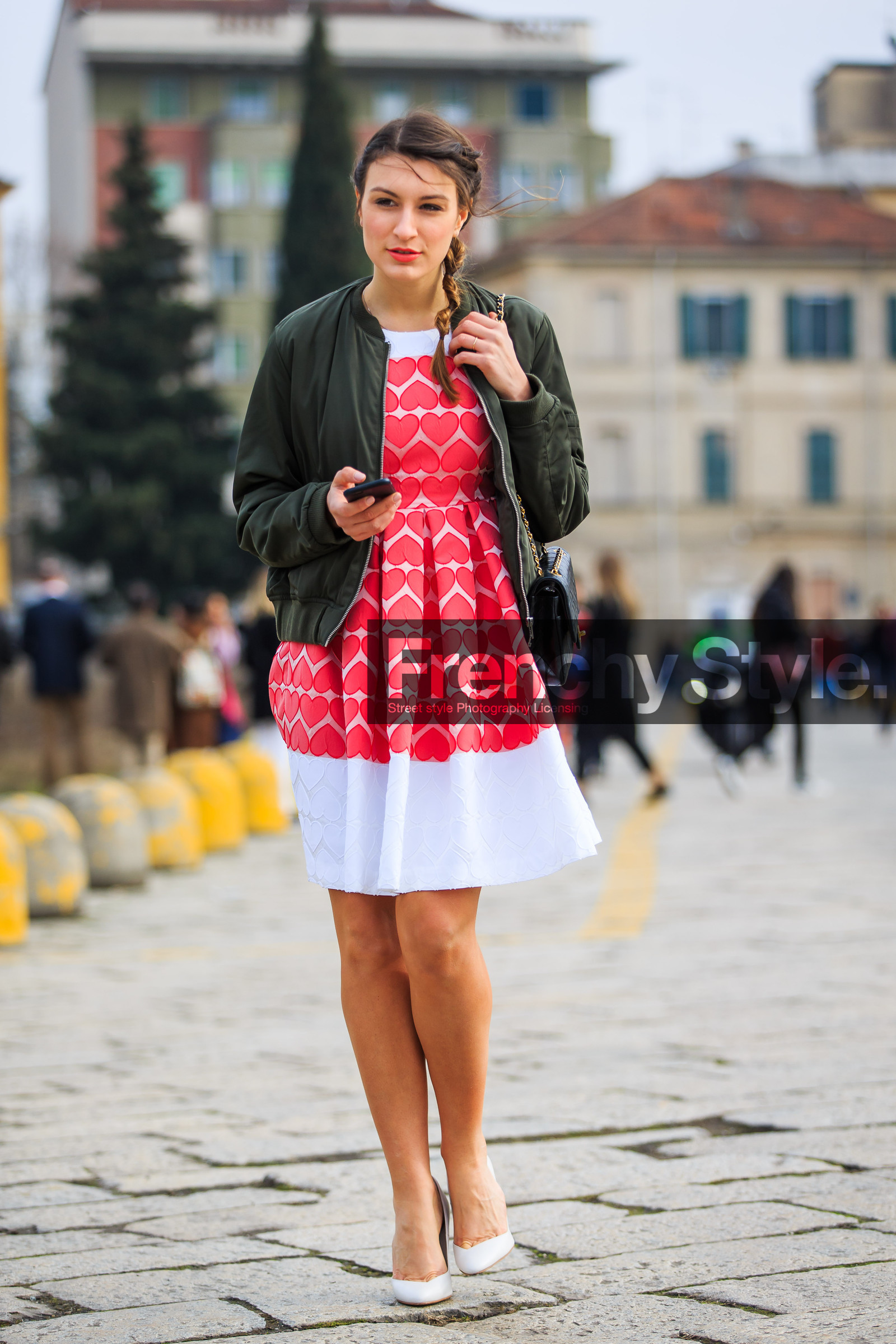 AUTUMN WINTER 2016-2017, AW 16-17, bomber jacket, braids, FALL WINTER 2016-2017, fashion week, frenchystyle, full length, FW, FW 16-17, high heels, jonathan paciullo, kaki jacket, leather shoes, LFW, LONDON, MENSWEAR, printed dress, red dress, street style, vertical, white dress, white shoes