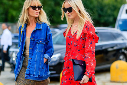 atmosphere details, beige skirt, beige top, black clutch, blue denim, brown skirt, checked skirt, denim jacket, detail, fashion week, frenchystyle, FW, graphic skirt, horizontal, jonathan paciullo, leather bag, MFW, MILAN, plaid, printed dress, red dress, SPRING SUMMER 2017, SS 17, street style, sunglasses