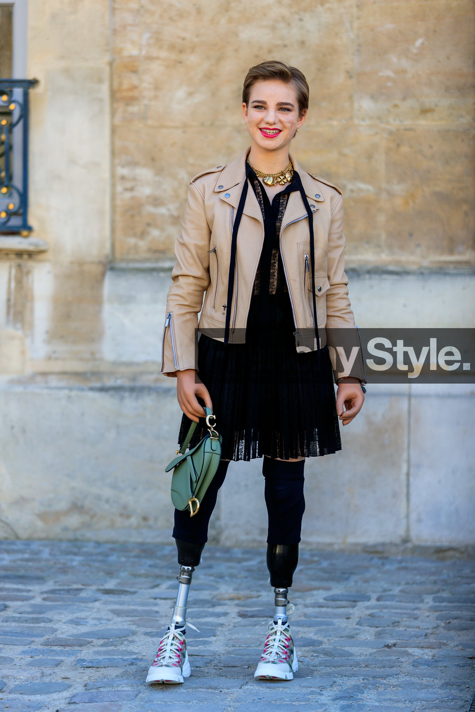 beatrice vio, beige jacket, black dress, christian dior, green bag, lace dress, leather bag, leather jacket, leather perfecto, leather shoes, necklace, red lips, saddle bag, short hair, white sneakers, fashion week, frenchystyle, FW, jonathan paciullo, street style, PFW, PARIS, AUTUMN WINTER 2019-2020, AW 19-20, FALL WINTER 2019-2020, FW 19-20, vertical, full length