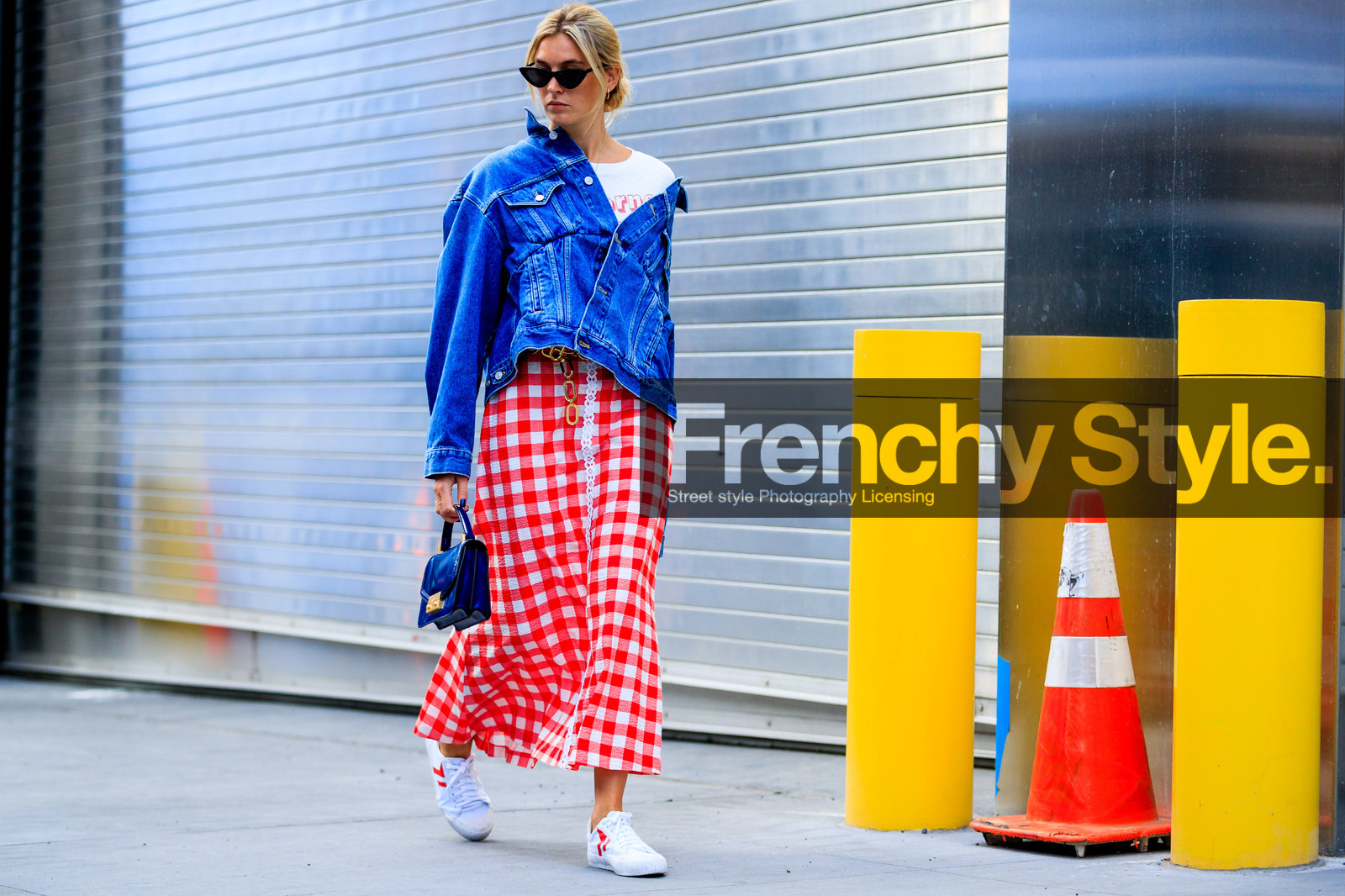 atmosphere details, balenciaga, blue bag, blue denim, camille charriere, checked skirt, denim jacket, fashion week, frenchystyle, full length, FW, graphic skirt, horizontal, jonathan paciullo, leather bag, NEW YORK, NYFW, plaid, printed skirt, red skirt, SPRING SUMMER 2018, SS 18, street style, sunglasses, white sneakers