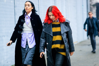 atmosphere details, AUTUMN WINTER 2017-2018, AW 17-18, black coat, black pants, detail, dyed hair, FALL WINTER 2017-2018, fashion week, frenchystyle, FW, FW 17-18, grey dress, horizontal, jonathan paciullo, leather coat, MFW, MILAN, purple shirt, red hair, street style, striped shirt, striped sweater, trousers, velvet, white knit, wrapover top, yellow sweater