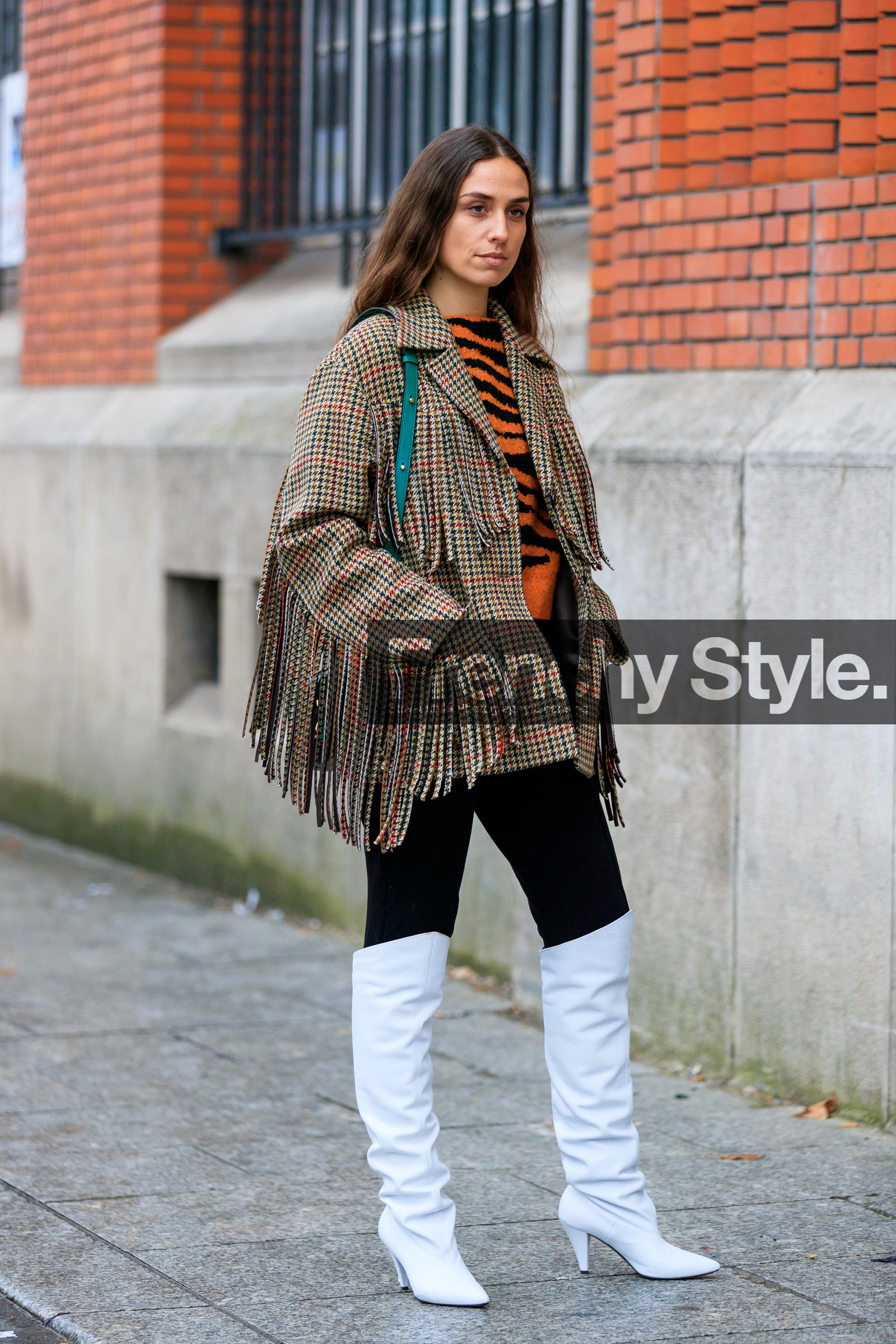 black pants, brown jacket, checked, erika boldrin, fringes, graphic jacket, graphic sweater, high boots, high heels, leather shoes, orange sweater, plaid, printed jacket, printed sweater, trousers, white shoes, zebra, PARIS, PFW, street style, jonathan paciullo, FW, frenchystyle, fashion week, AUTUMN WINTER 2019-2020, AW 19-20, FALL WINTER 2019-2020, FW 19-20, vertical, full length