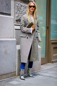 blue denim, checked, denim pants, glitter, graphic jacket, high heels, houndstooth pattern, jeans, leather bag, leather shoes, plaid, polka dot, printed jacket, printed shirt, shiny bag, silver shoes, sunglasses, tartan, trousers, white shirt, street style, jonathan paciullo, FW, frenchystyle, fashion week, NYFW, NEW YORK, AUTUMN WINTER 2018-2019, AW 18-19, FALL WINTER 2018-2019, FW 18-19, vertical, full length, Charlotte Groeneveld