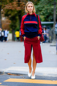 blue sweater, fashion week, frenchystyle, full length, FW, high heels, jonathan paciullo, leather bag, leather shoes, PARIS, pernille teisbaek, PFW, printed sweater, red bag, red skirt, SPRING SUMMER 2017, SS 17, street style, suede bag, vertical, white shoes