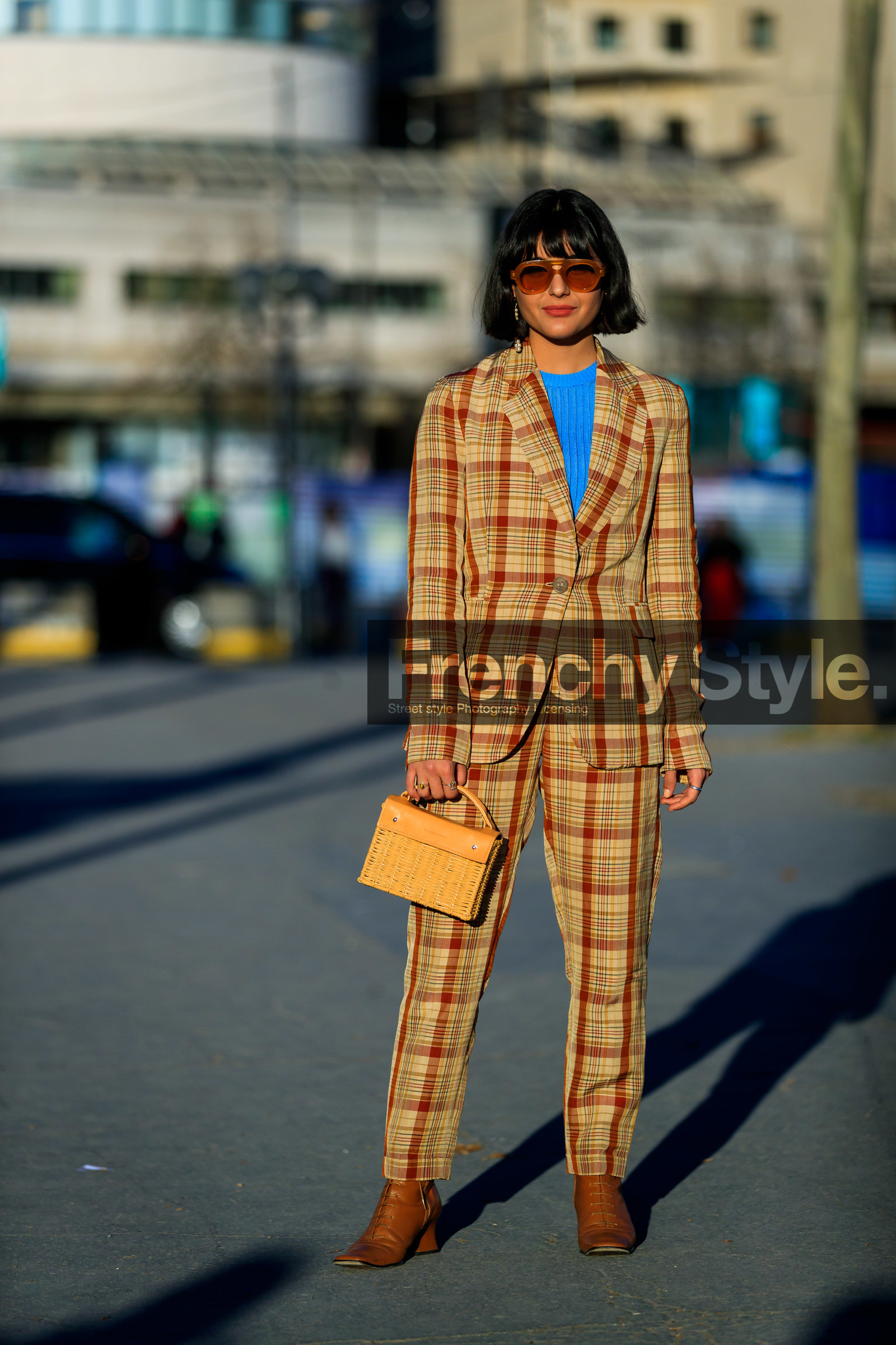 blazer, blue sweater, brown shoes, checked, graphic jacket, graphic pants, leather bag, leather shoes, maria bernad, plaid, printed jacket, printed pants, sunglasses, trousers, yellow bag, yellow jacket, yellow pants, yellow suit, PARIS, PFW, street style, jonathan paciullo, FW, frenchystyle, fashion week, AUTUMN WINTER 2019-2020, AW 19-20, FALL WINTER 2019-2020, FW 19-20, vertical, full length