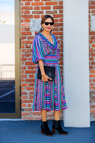 black bag, black shoes, fashion week, frenchystyle, full length, FW, graphic dress, high heels, jonathan paciullo, leather bag, leather shoes, MFW, MILAN, multicolor dress, printed dress, SPRING SUMMER 2018, SS 18, street style, striped dress, sunglasses, vertical