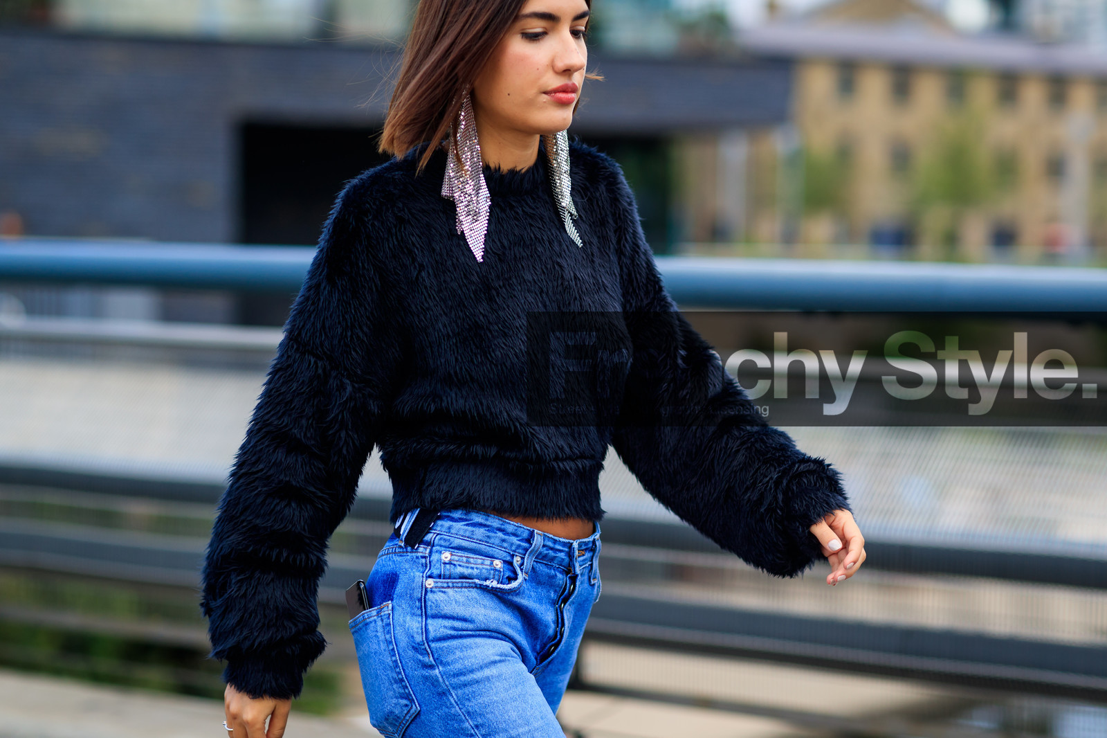atmosphere details, black sweater, blue denim, denim pants, detail, earrings, fashion week, frenchystyle, FW, horizontal, jeans, jonathan paciullo, LFW, LONDON, patricia manfield, SPRING SUMMER 2018, SS 18, street style, trousers, versace
