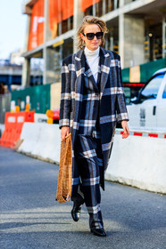 black coat, black pants, black shoes, checked, checked coat, checked pants, graphic bag, graphic jacket, graphic pants, high heels, leather shoes, plaid, printed jacket, printed pants, sunglasses, tartan, trousers, wood bag, street style, jonathan paciullo, FW, frenchystyle, fashion week, NYFW, NEW YORK, AUTUMN WINTER 2018-2019, AW 18-19, FALL WINTER 2018-2019, FW 18-19, vertical, full length, Rebecca Laurey