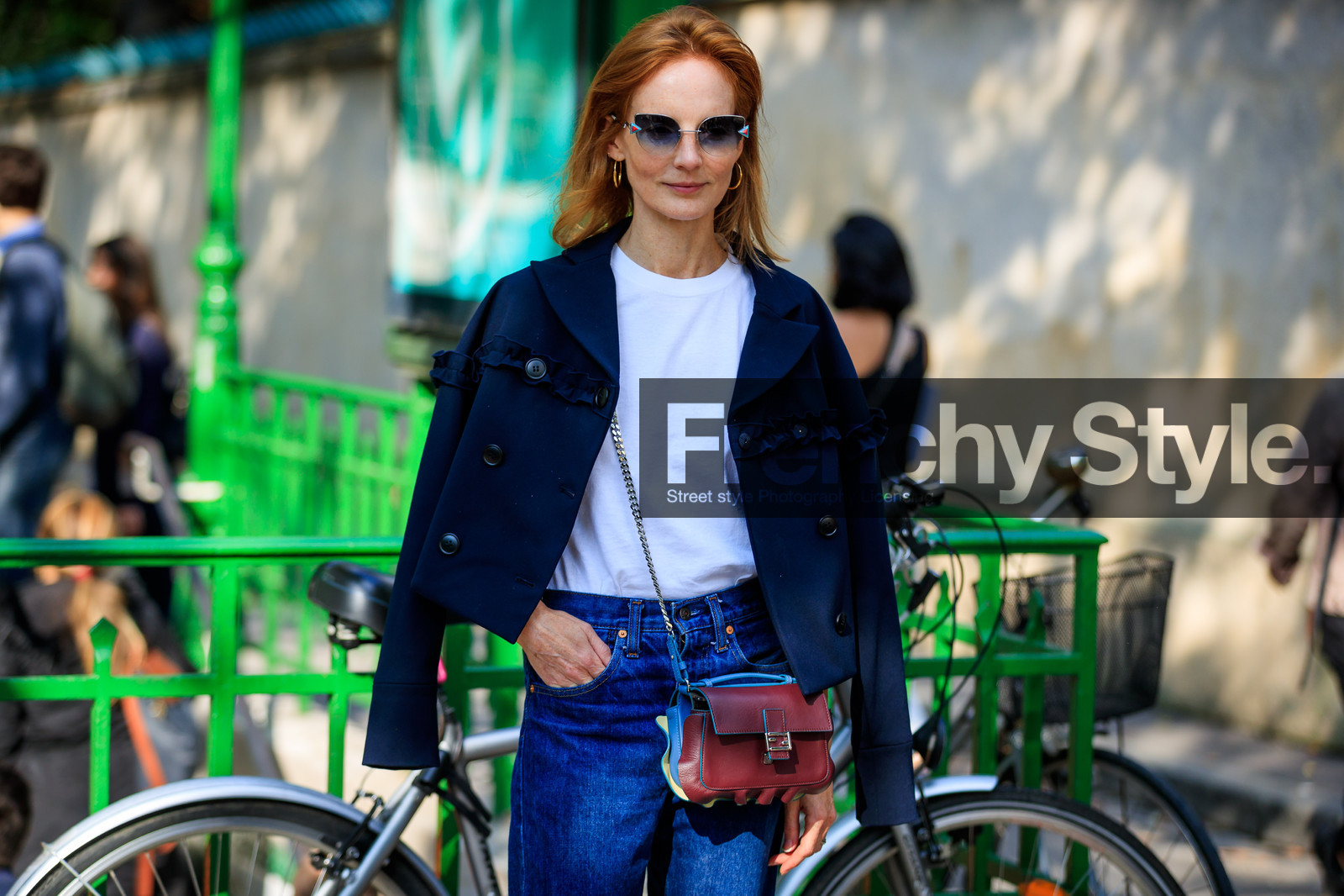 atmosphere details, blue denim, blue jacket, bordeaux, burgundy, denim pants, detail, fashion week, fendi, frenchystyle, FW, horizontal, jeans, jonathan paciullo, leather bag, over the shoulder, PARIS, PFW, red bag, red head, SPRING SUMMER 2018, SS 18, street style, sunglasses, trousers, white t shirt