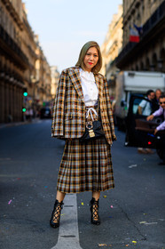 black bag, black shoes, blazer, checked, checked jacket, embroidered bag, graphic bag, graphic jacket, graphic skirt, high heels, leather bag, leather shoes, miu miu, over the shoulder, plaid, pleated skirt, printed bag, printed jacket, printed skirt, red lips, white shirt, fashion week, frenchystyle, FW, jonathan paciullo, street style, PFW, PARIS, vertical, full length, AUTUMN WINTER 2018-2019, FALL WINTER 2018-2019, FW 18-19