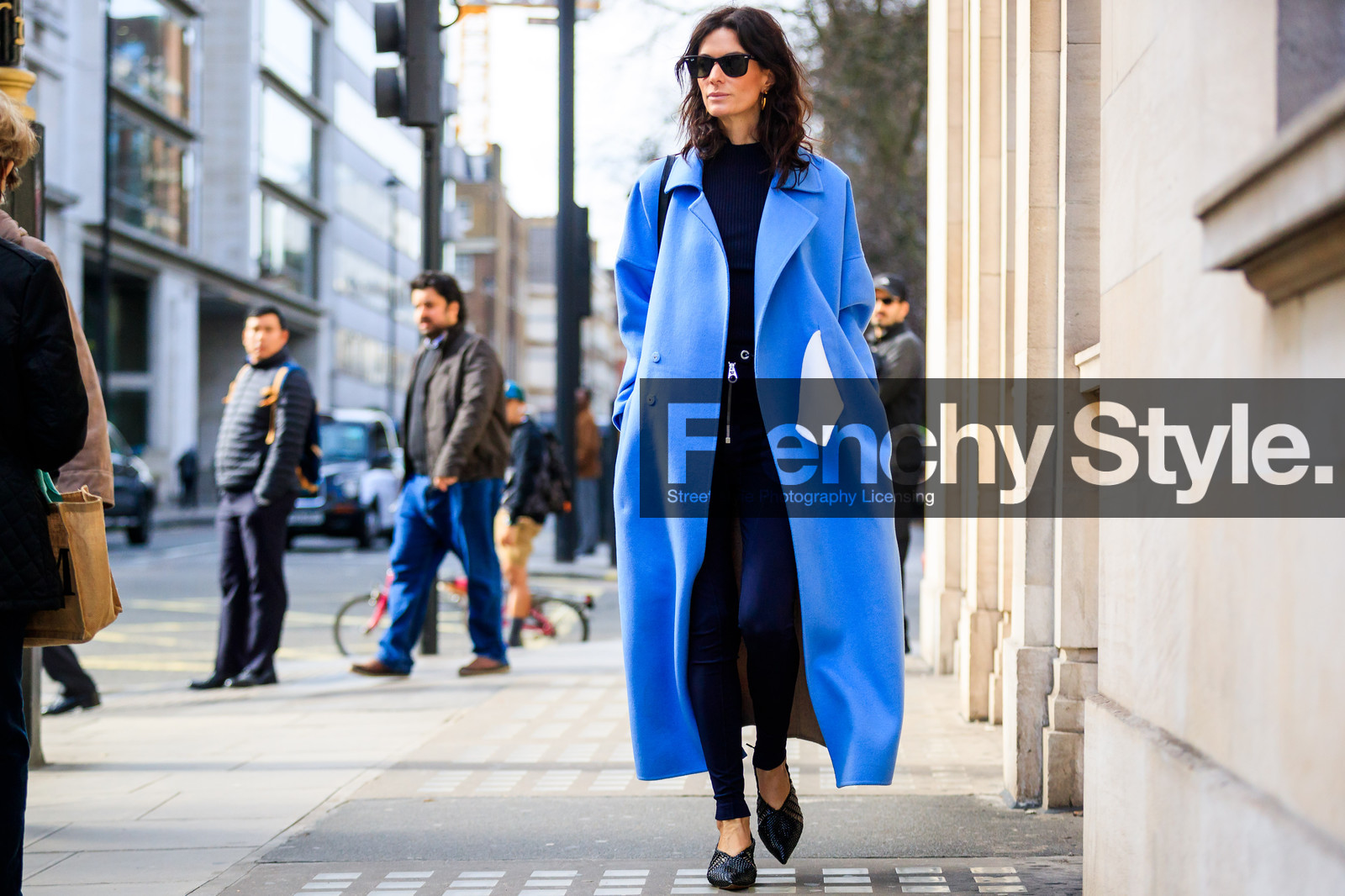 atmosphere details, AUTUMN WINTER 2017-2018, AW 17-18, black shoes, blue coat, blue denim, denim pants, FALL WINTER 2017-2018, fashion week, frenchystyle, full length, FW, FW 17-18, Hedvig Sagfjord Opshaug, high heels, horizontal, jeans, jonathan paciullo, leather shoes, LFW, LONDON, navy sweater, overcoat, street style, sunglasses, trousers