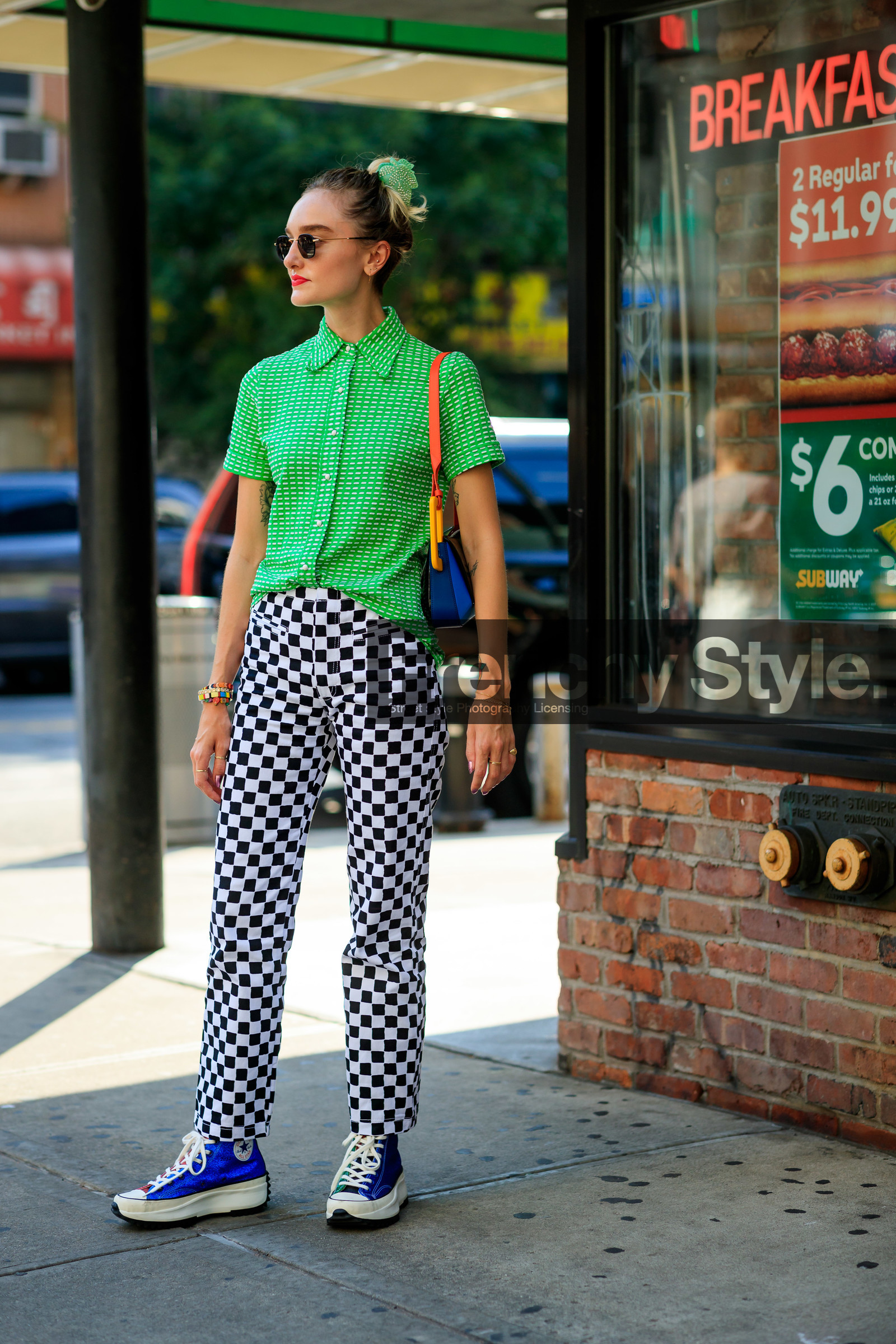 black and white, blue bag, checked, converse, gingham, glitter, graphic pants, graphic shoes, green shirt, hannah baxter, jw anderson, leather bag, leather shoes, multicolor bag, multicolor shoes, plaid, printed pants, printed shoes, red lips, shiny shoes, sunglasses, trousers, street style, jonathan paciullo, FW, frenchystyle, fashion week, NEW YORK, NYFW, SPRING SUMMER 2020, SS 20, vertical, full length